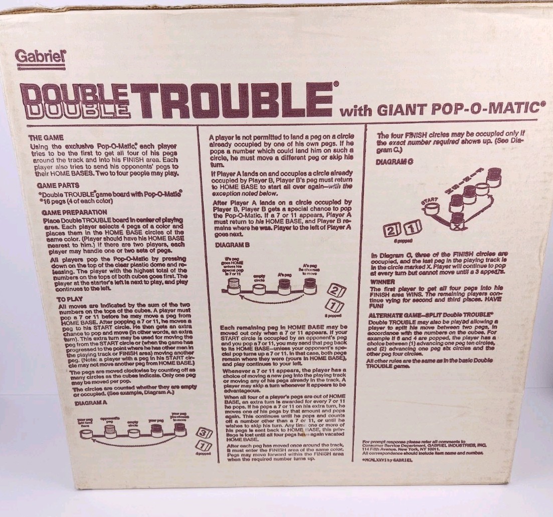 1976 Gabriel Double Trouble Board Game Giant Pop-O-Matic