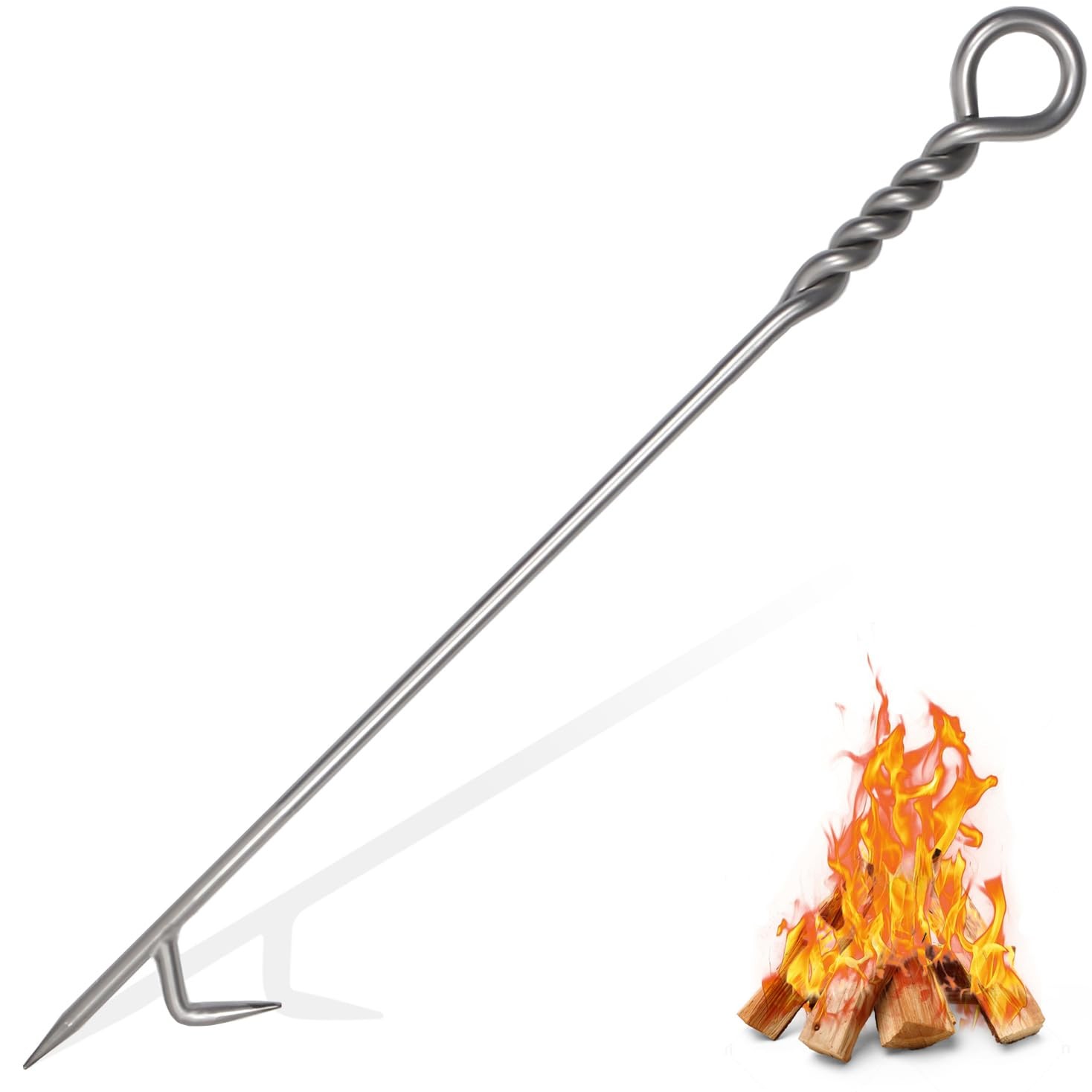 Fire Poker for Pit Outdoor 40in Twisted Rope Design 316 Stainless Silver