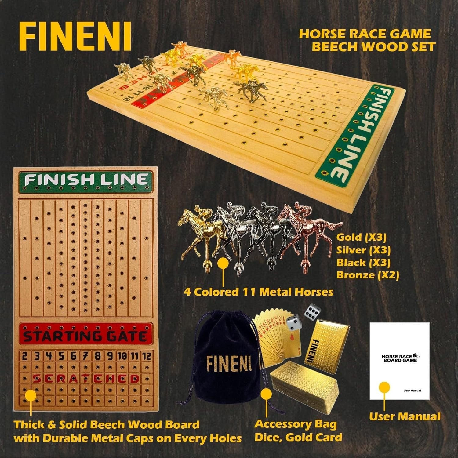 Ultimate Horse Racing Board Game with 11 Luxurious Metal Horses and Beech Board