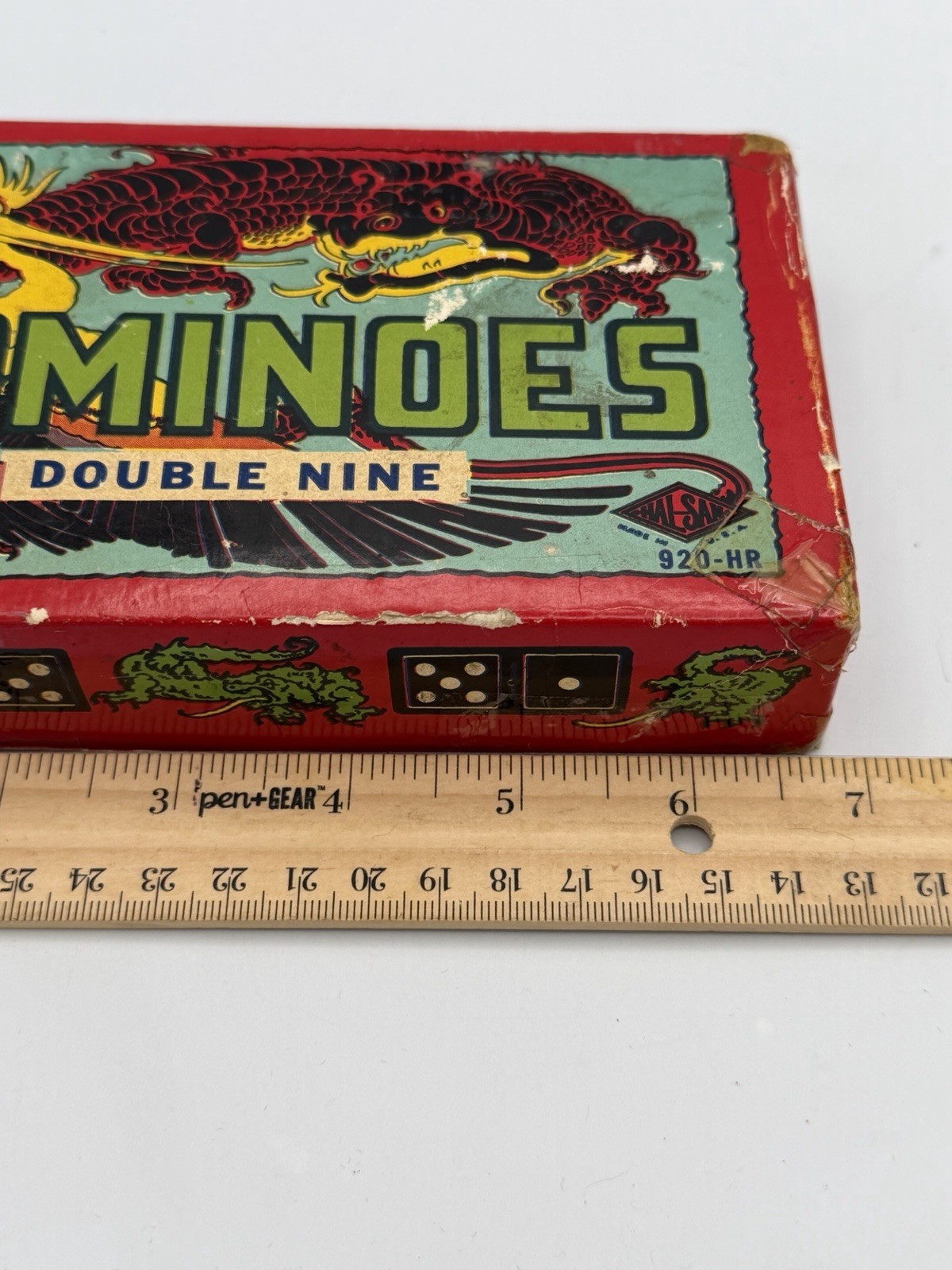 Vintage Double Nine Dominoes Dragon Box Colored Dots 55 Tiles Read