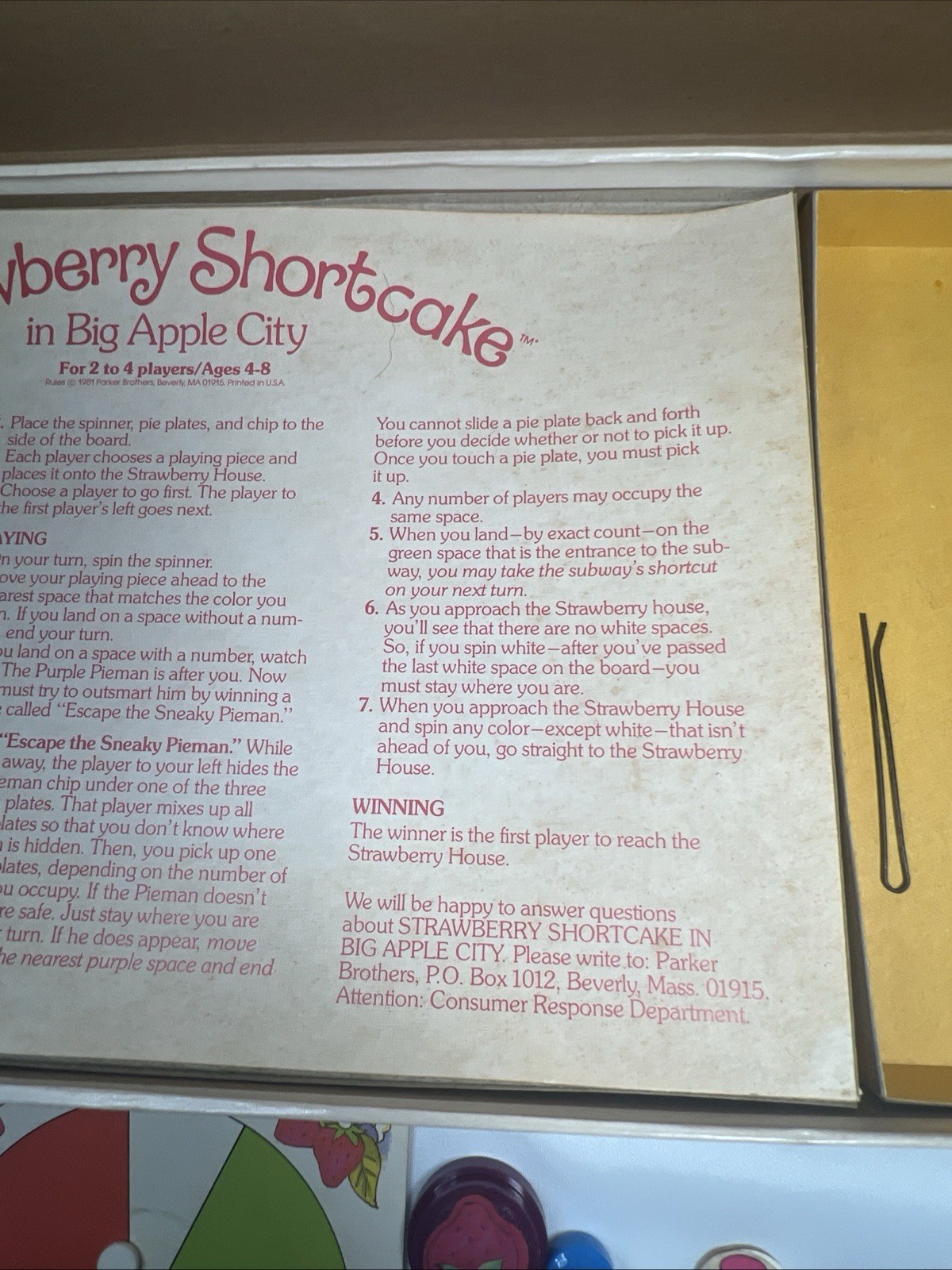 Vintage 1981 Parker Brothers Strawberry Shortcake in Big Apple City Board Game