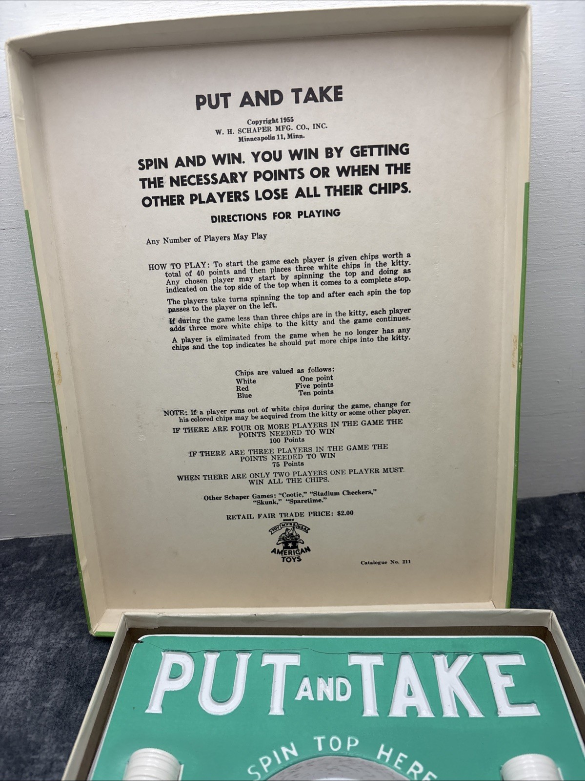1956 Schaper “Put and Take – The Kitty” Board Game Complete Spinner & Chips VTG
