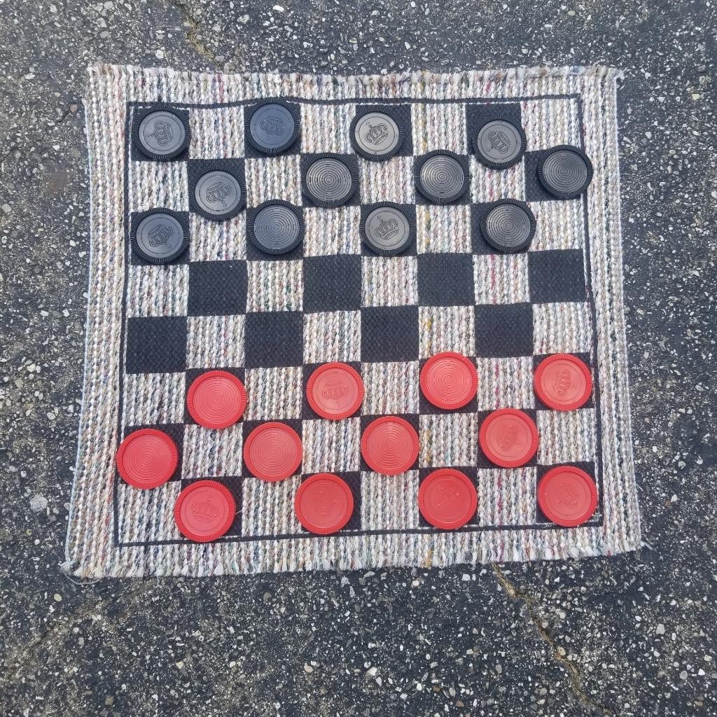 Jumbo checkers game on 28″ square rug 3″ checkers Tic Tac Toe on back