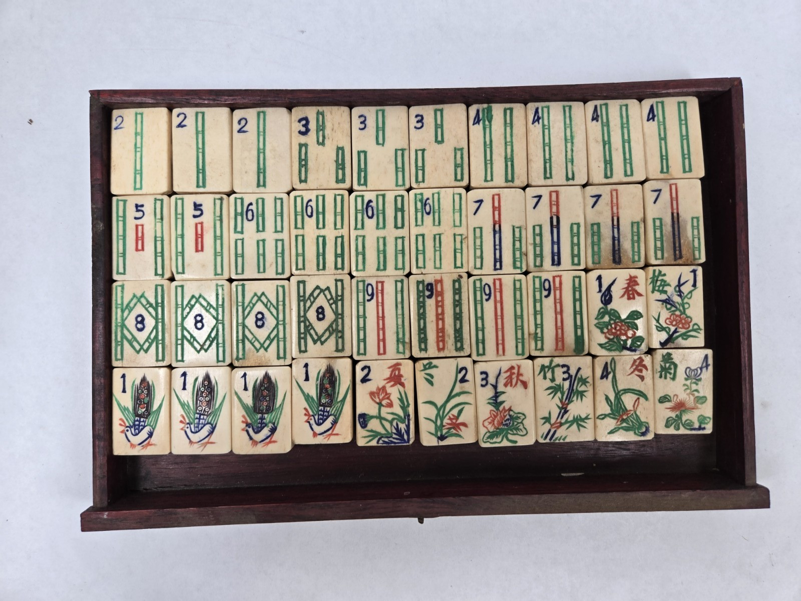 Mahjong Hand Carved Tiles in Original wood trays c.1920 Bamboo Bone 210 tiles +