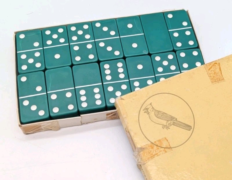 Vintage Green Dominoes by Cardinal, Set of 28, Genuine Rock Marble, Complete