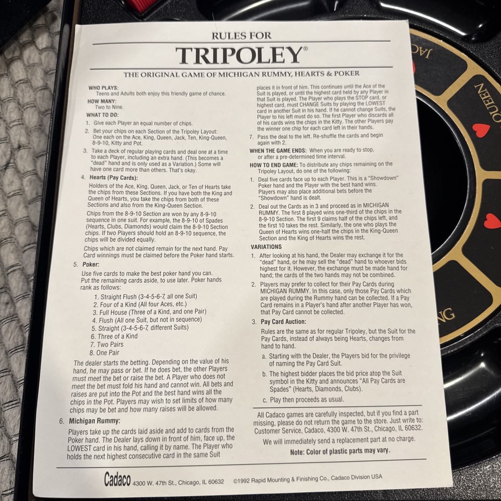 Tripoley Tournament Edition Board Game Cadaco Rotating Tray – MISSING CARDS