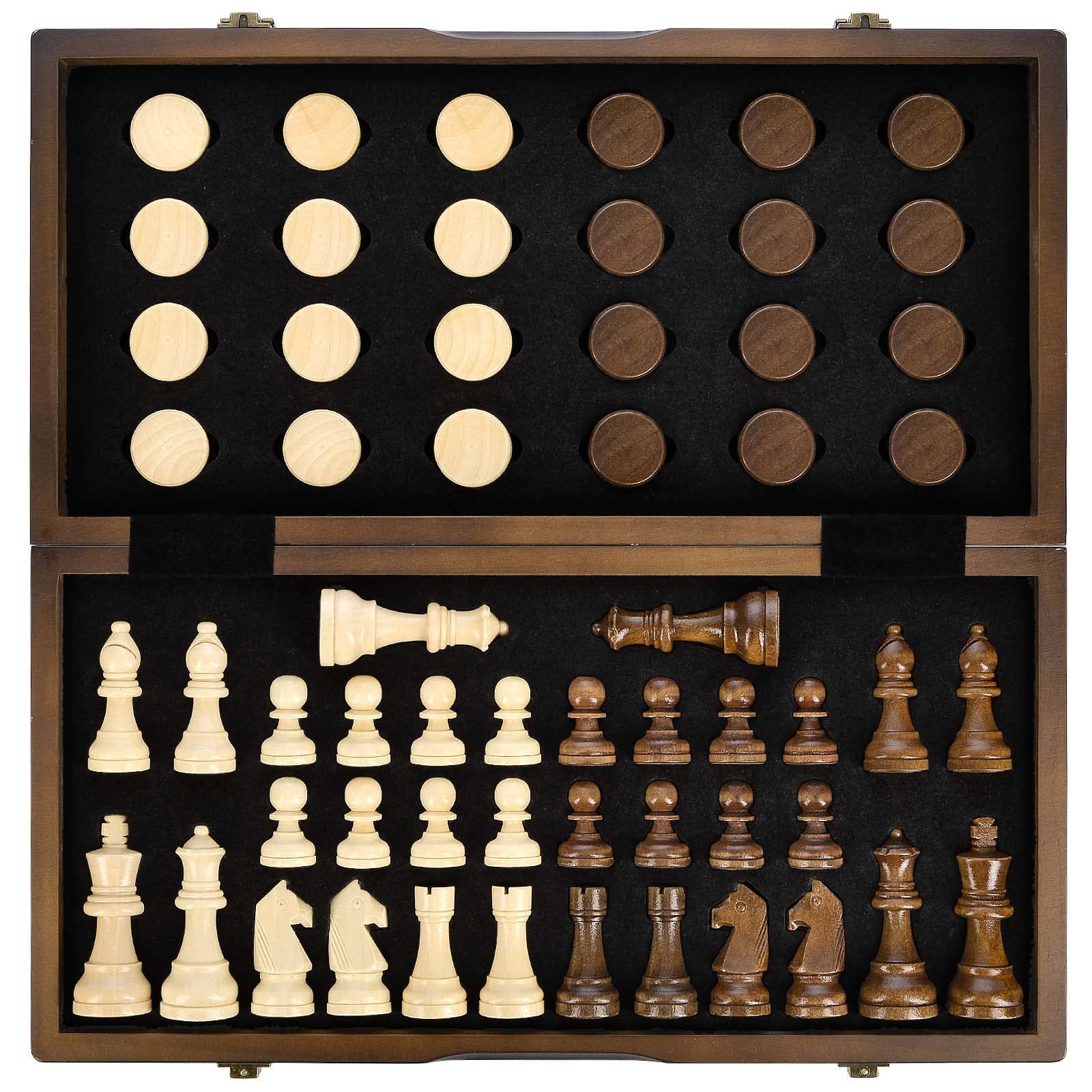 Magnetic Wooden Chess and Checkers Game Set, 15 Inches (2 in 1) Chess Board G…