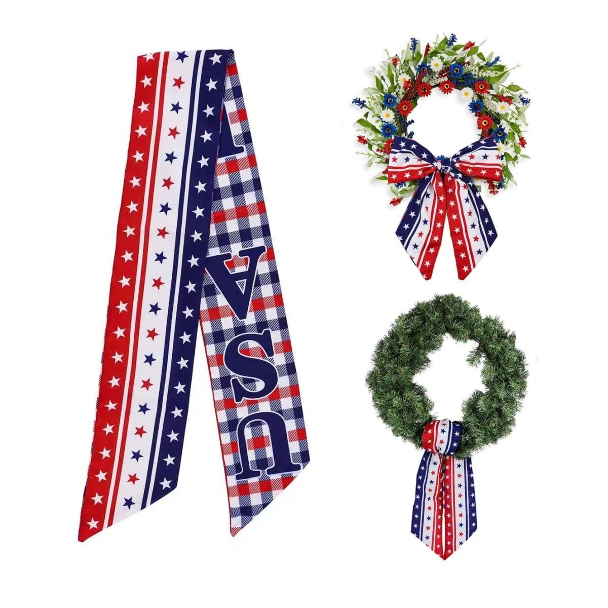 Red White Blue Patriotic Sash for Front Door Wreath 4th of July Decor Stripe