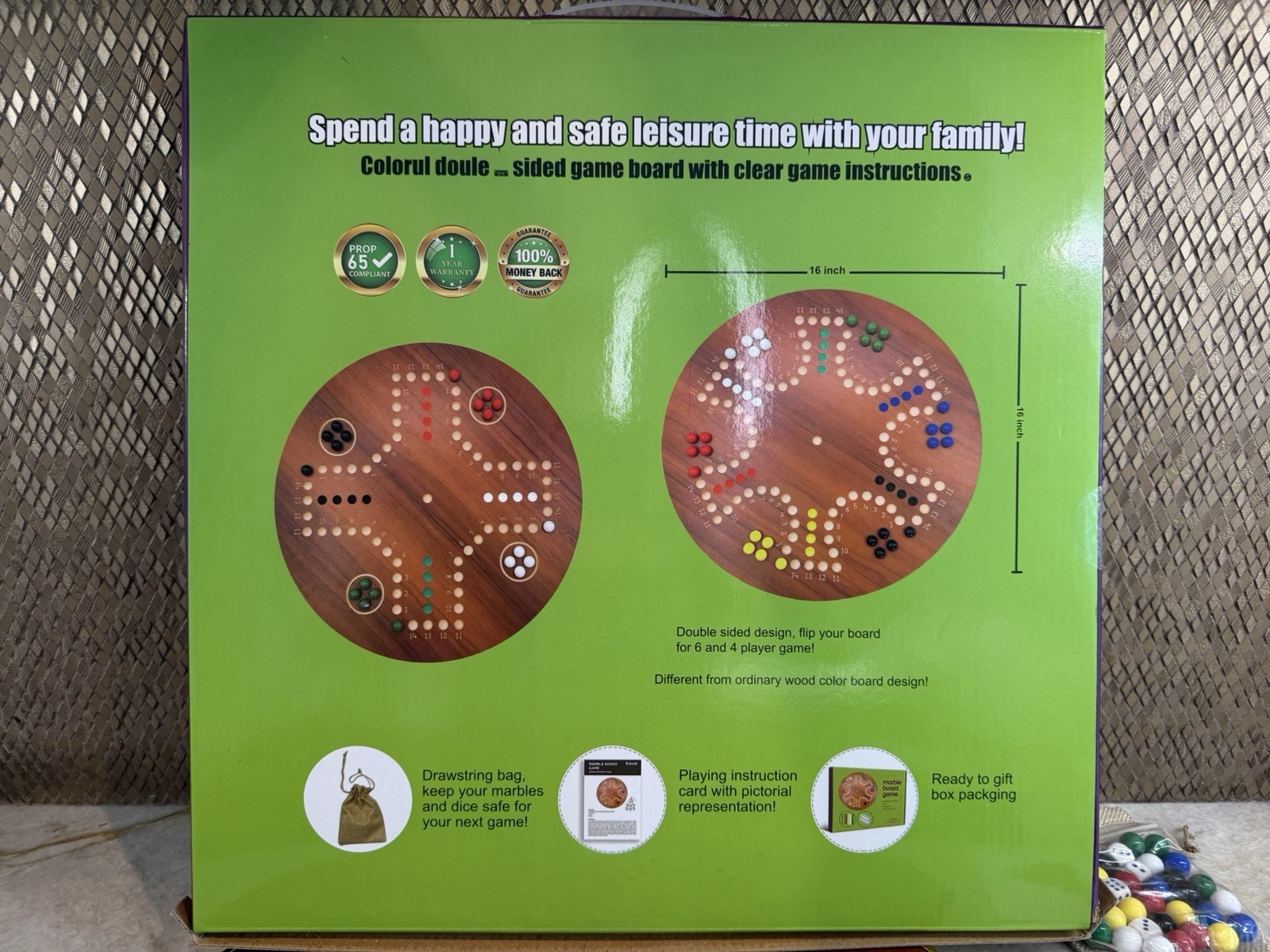 16” Double-Sided Wooden Marble Board Game Wahoo Fast Track Aggravation 2-6 P