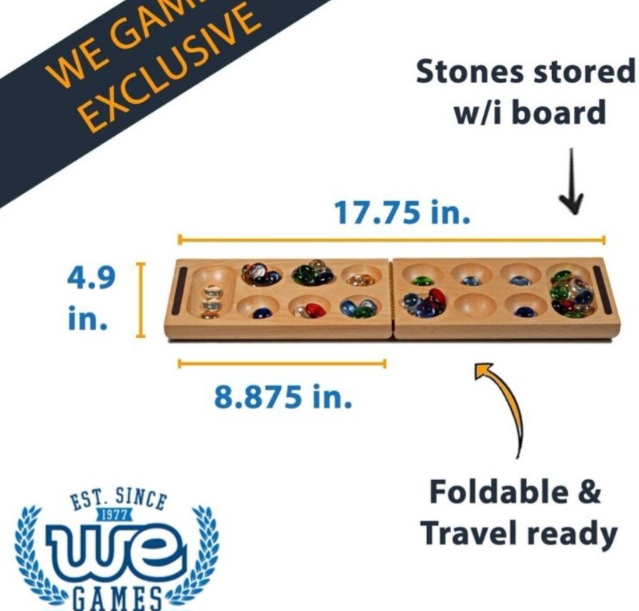 WE Games Folding Mancala – Solid Wood Board Game & Glass Stones