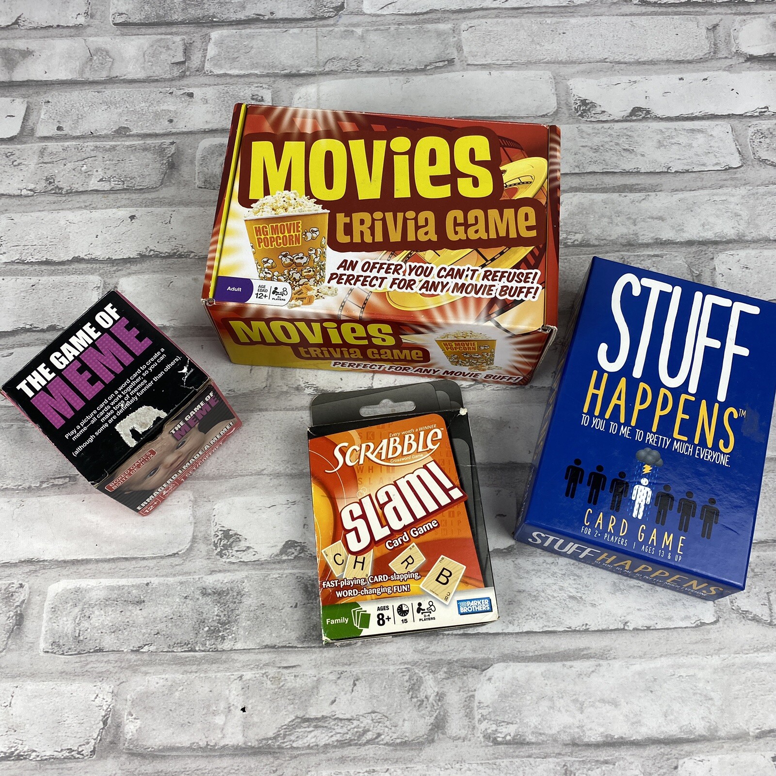4 Family Boxed Card Games Game of Meme Movies Trivia Scrabble Slam