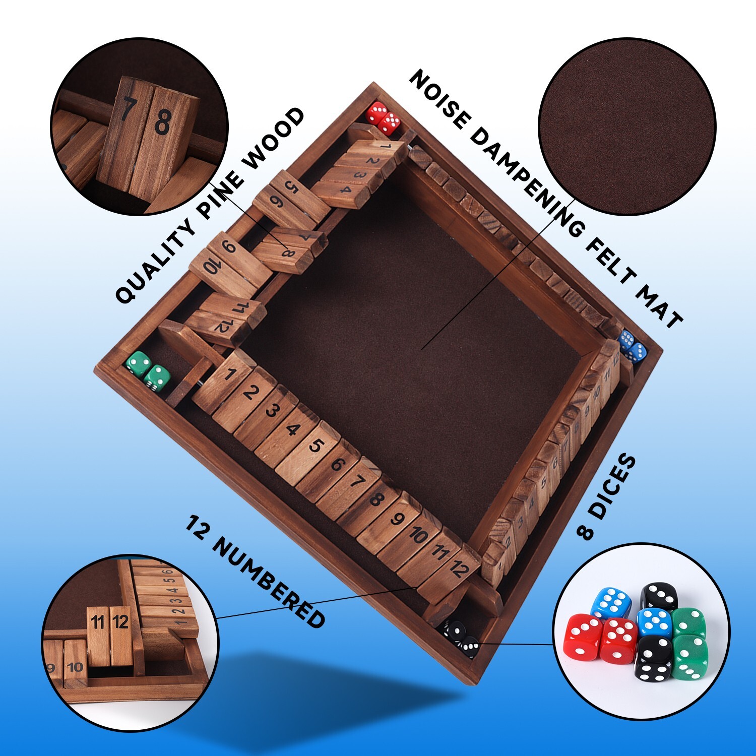 4-Player 12 Number Shut The Box Dice Game. Family Party Porch Pub Bar Board Game