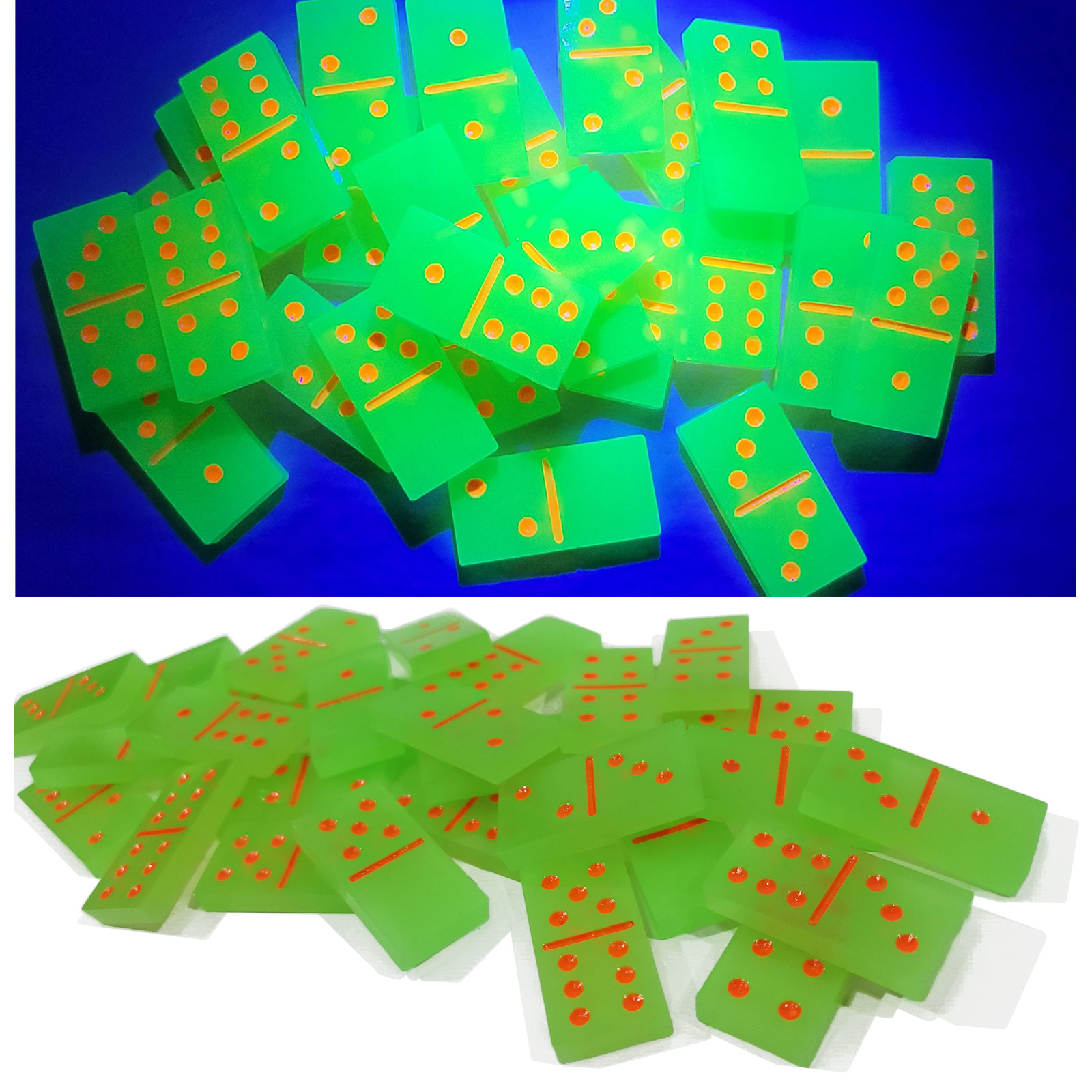 Handmade Glow in The Dark Green with Orange Dots Dominoes Double 6 Set, Gift Toy