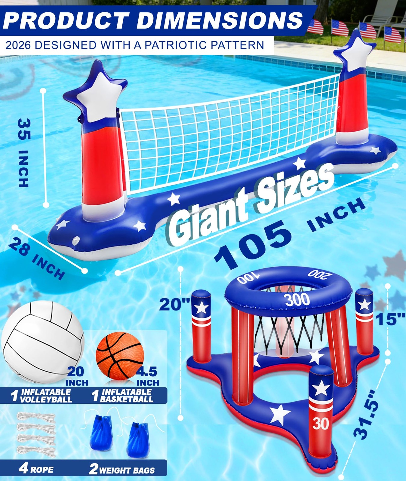 Pool Games Set 3-in-1 Volleyball Net Basketball Hoop Ring Toss Large July 250th