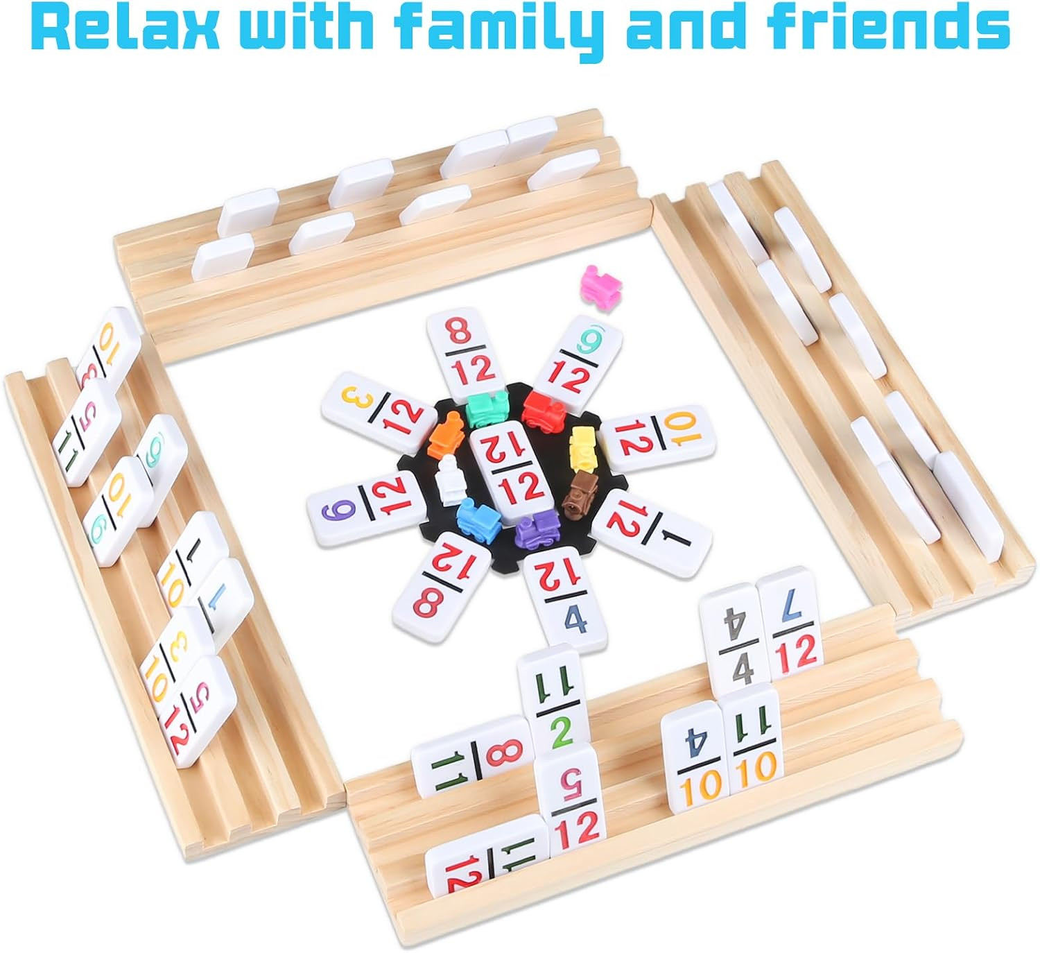 Mexican Train Numbers Dominoes with 4 Wood Trays, Color Double 12 Numerical