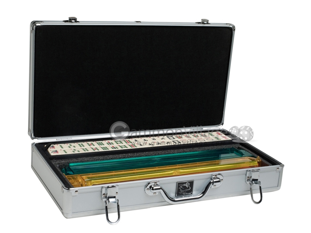 Mahjong Set by White Swan – Ivory Tiles, Modern Pushers, Silver Aluminum Case