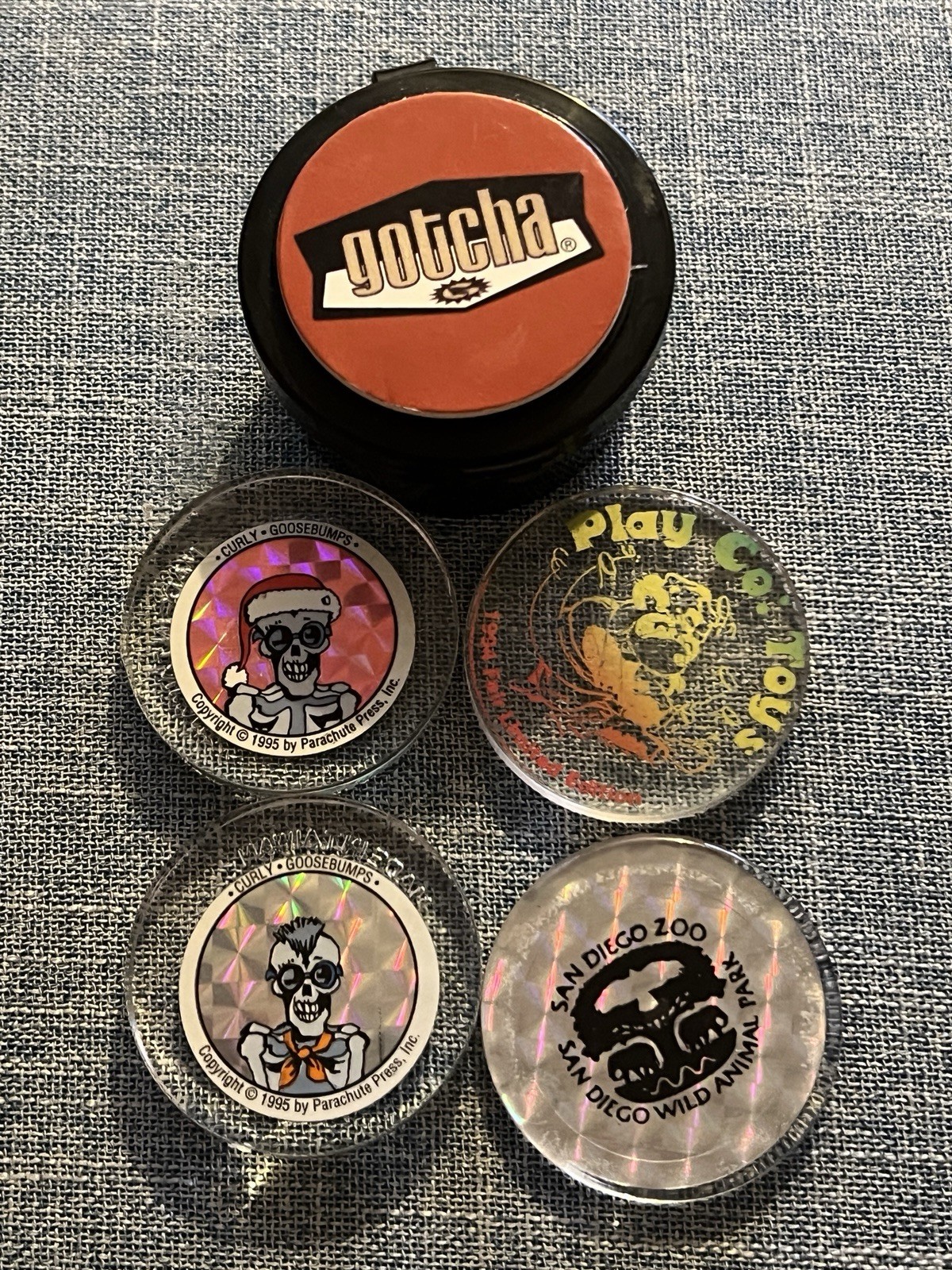 Vintage 1995 Goosebumps Curly Hologram POG Slammer Lot with Gotcha Storage Case