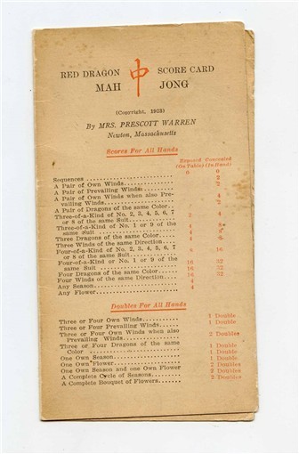 Red Dragon Mah Jong Score Card 1923 Mrs Prescott Warren Newton Massachusetts