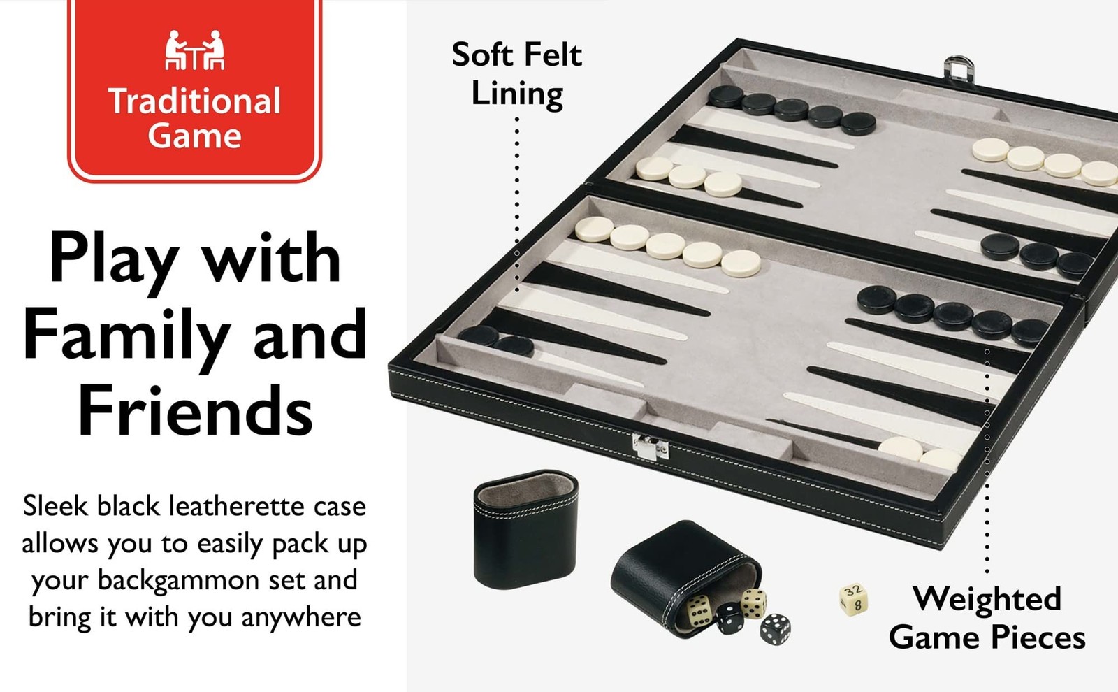 Mainstreet Classics 15 Inch Backgammon Set Travel Leatherette Case with Dice Kit