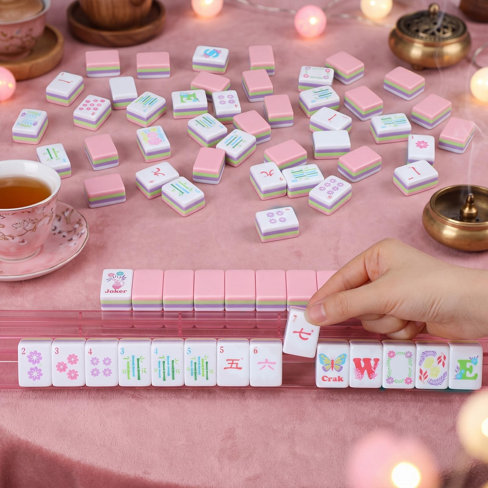 Arrowbash 160 Pcs Mini Mahjong Tiles Set 1 Inch Tiles Pink Flowers American M…