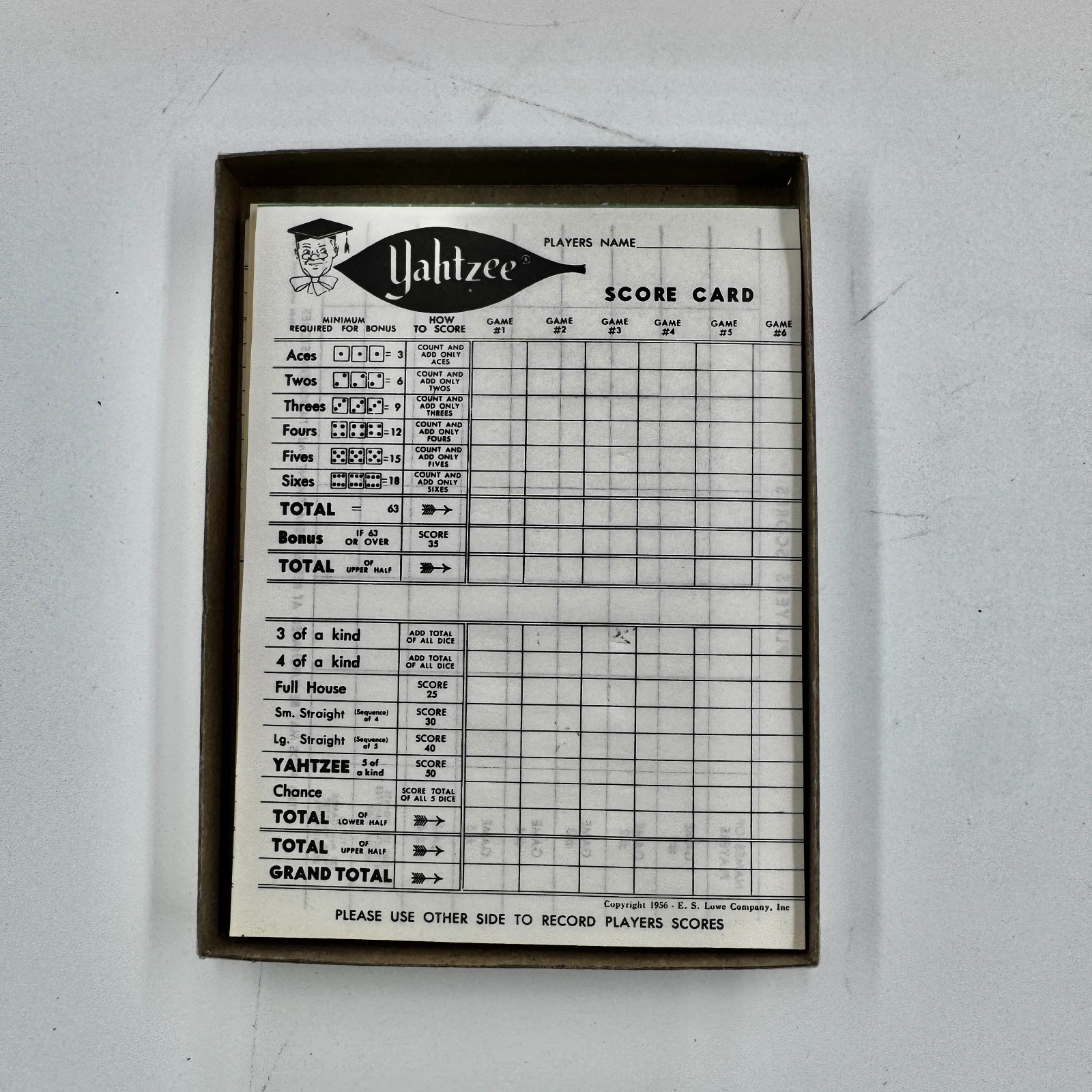 Vintage Yahtzee 1956 Complete Game in Original Box E.S Lowe Co. – Excellent