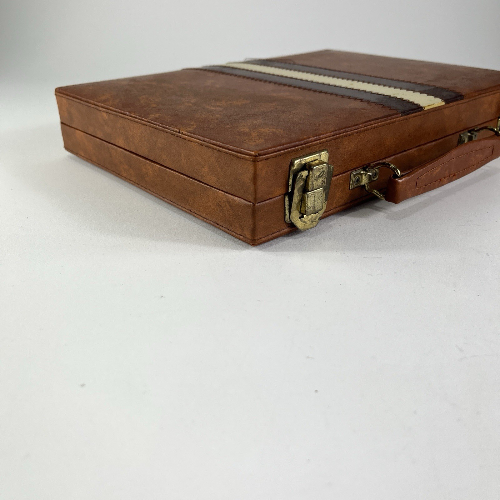 Backgammon Travel Case Game Complete Brown & White Faux Leather Vintage