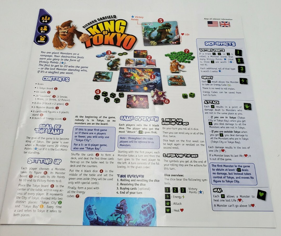 King of Tokyo Board Game Richard Garfield 2014 Iello – Clean/Complete  VG Cond!