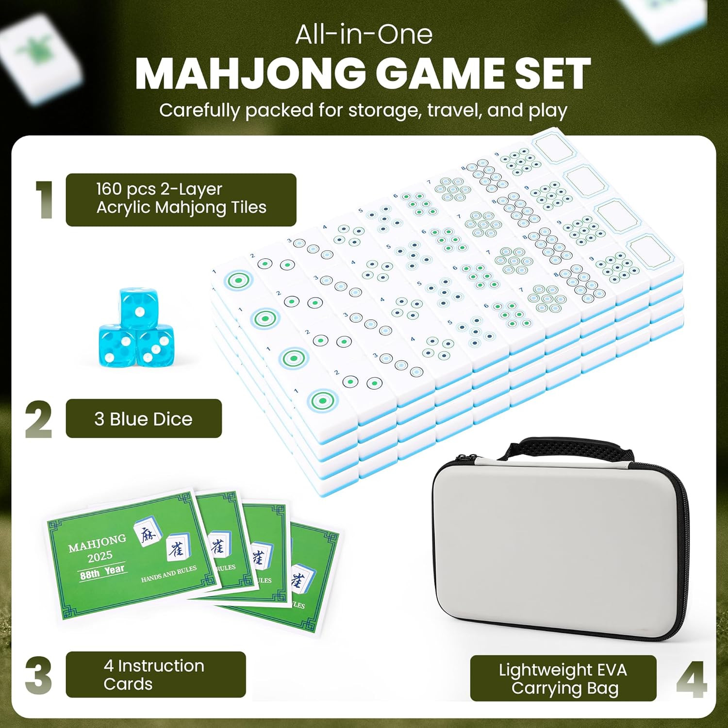 Premium 2-Layer American Mahjong Tiles with 3 Blue Dice, 4 Mahjong Game Cards –