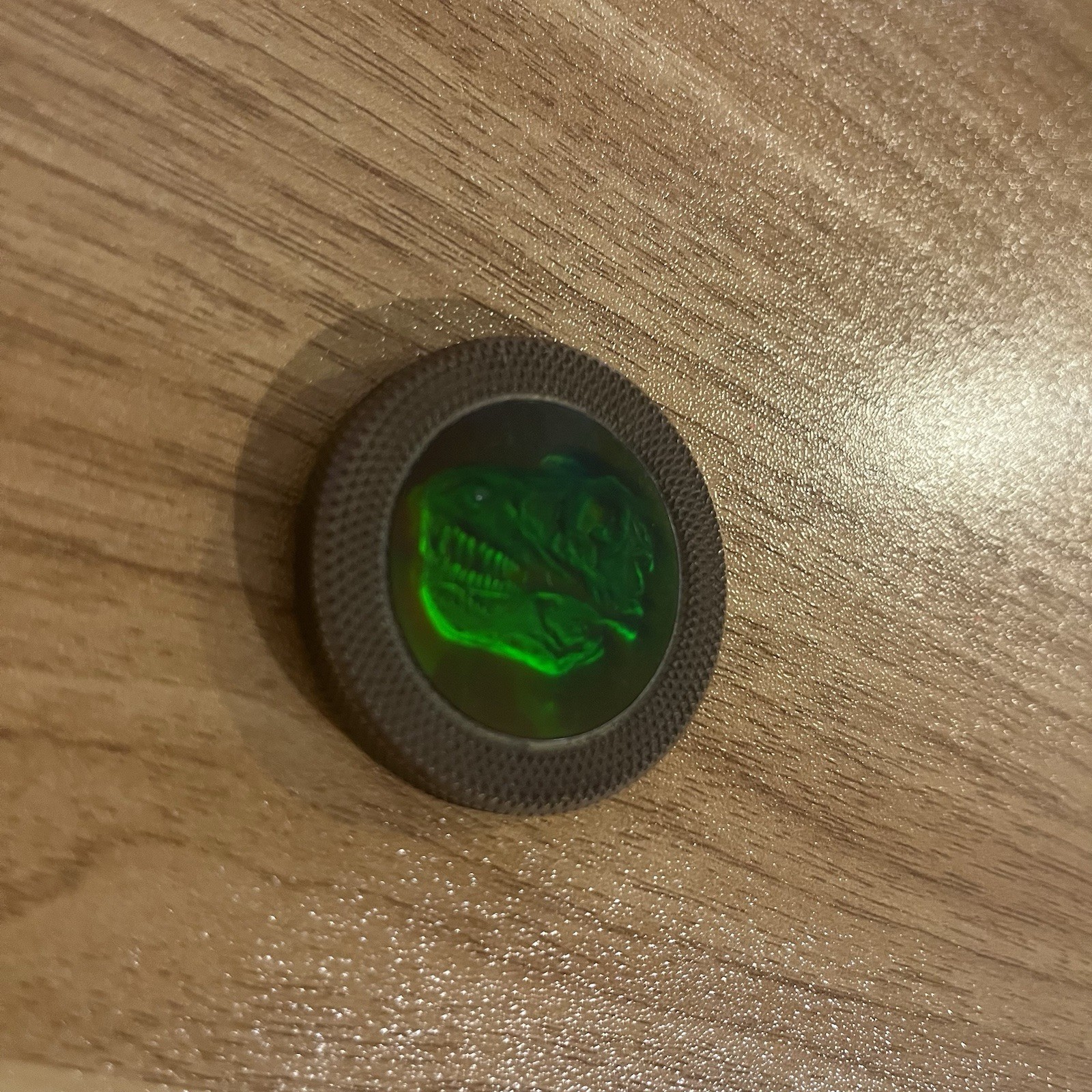 Vintage 90s Heavy Metal POG Slammer Holographic Green T-Rex Skull Dinosaur