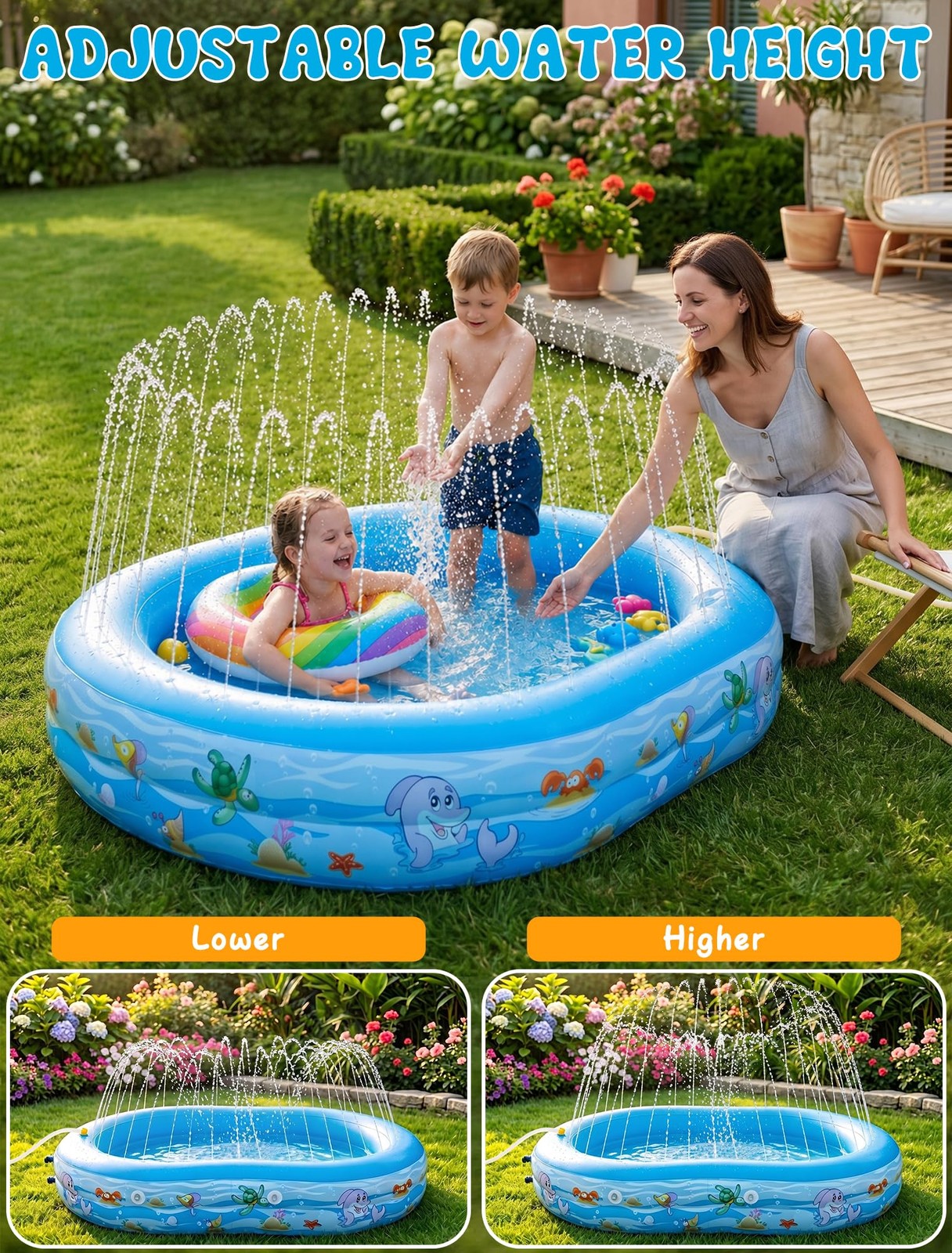 Inflatable Kids Pool 65 x46 Canopy Sprinkler Baby Swimming Learn2M 65×46 Water