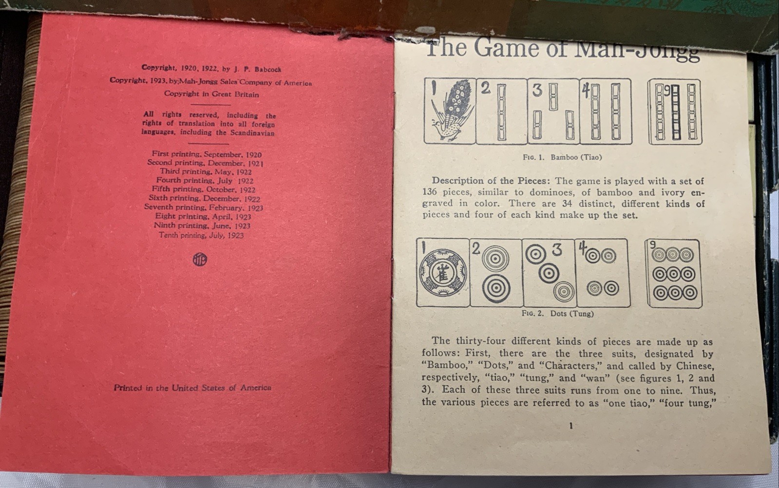 Antique 1923 Mah-Jongg Junior Boxed Game Set Tiles Instructions