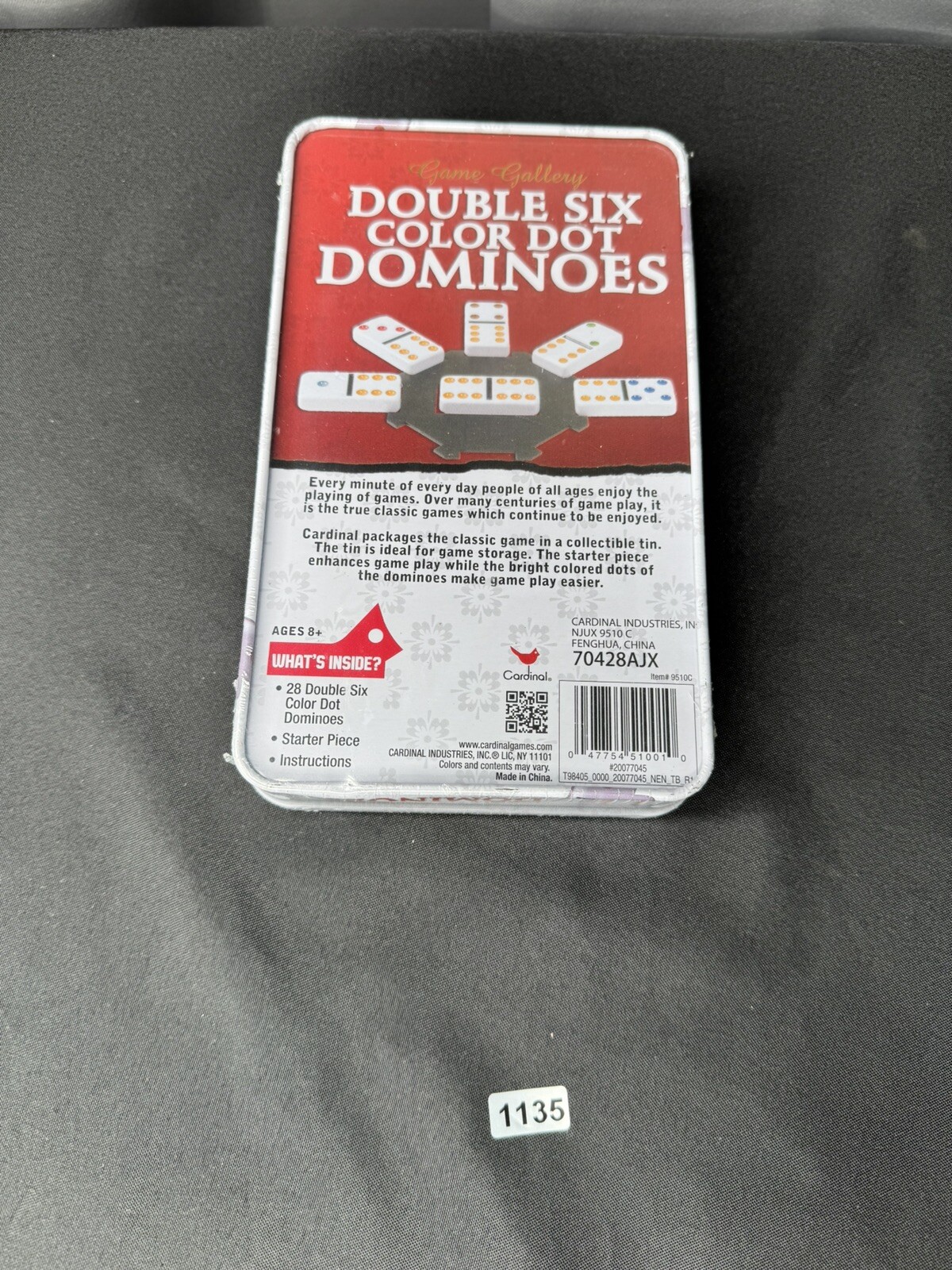 Cardinal Double Six Domino Set 28 Black Tiles Color Dots Tin Storage Case NEW