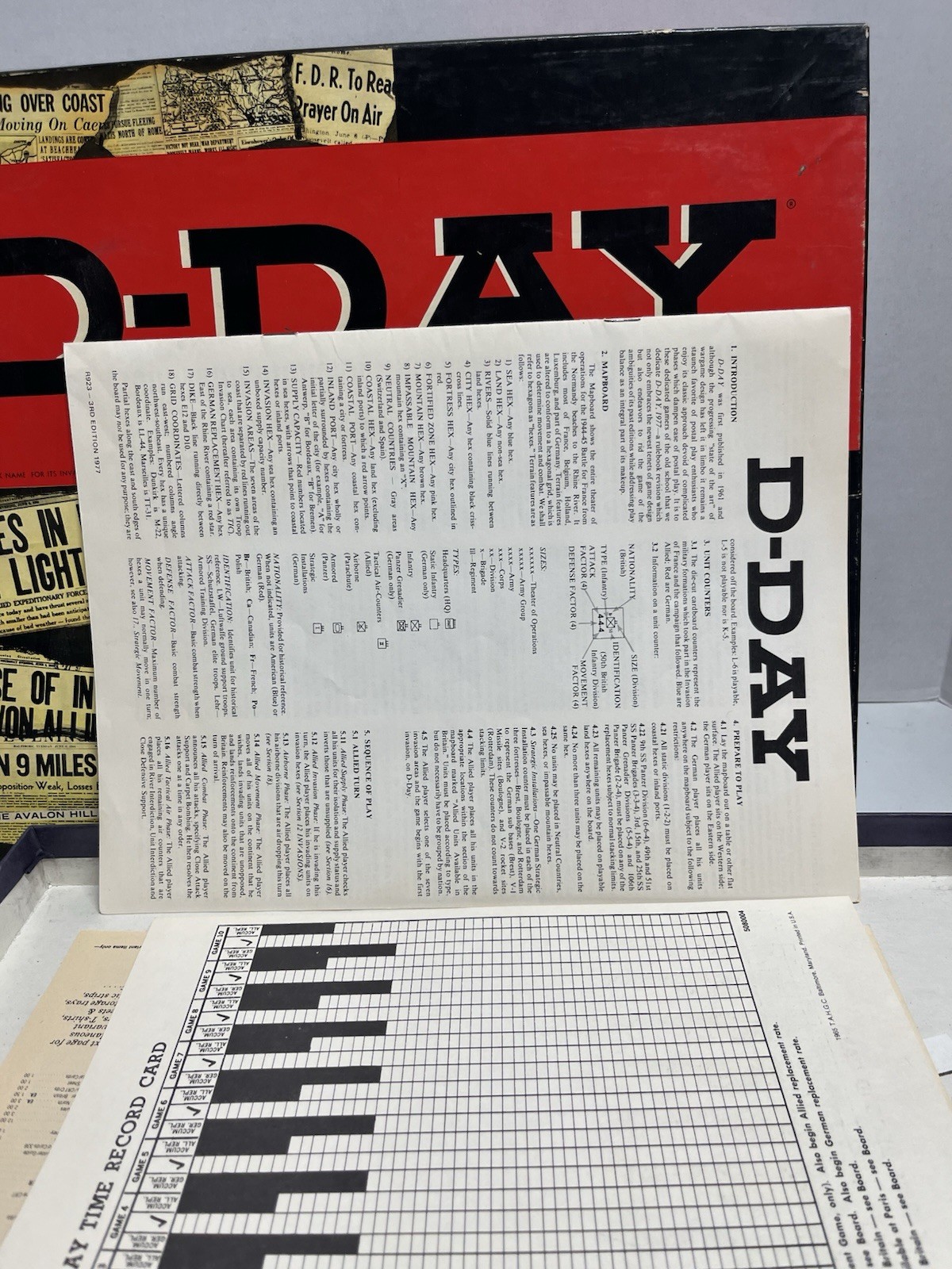 D-Day: World War II Invasion Board Wargame By Avalon Hill. Scorecards Unmarked