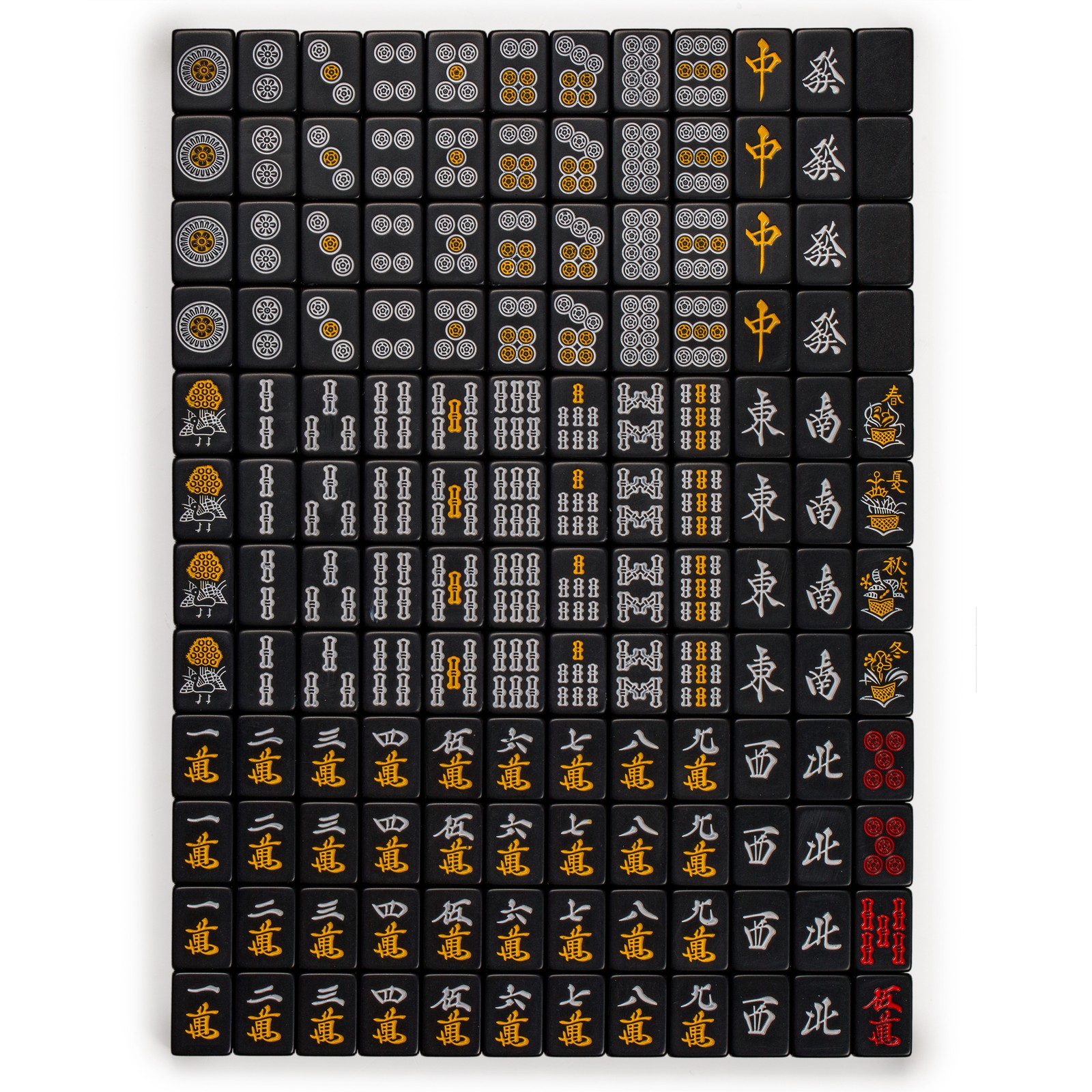 Japanese Riichi Mahjong Set with Black Standard Size Tiles and Black Vinyl Case