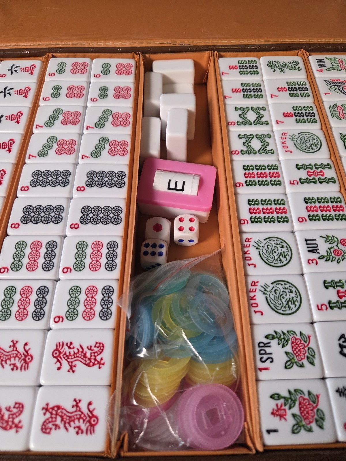 Vintage MahJong Chinese Game Tri 3 Color 2 Layer Tiles Set Cream w/ Case