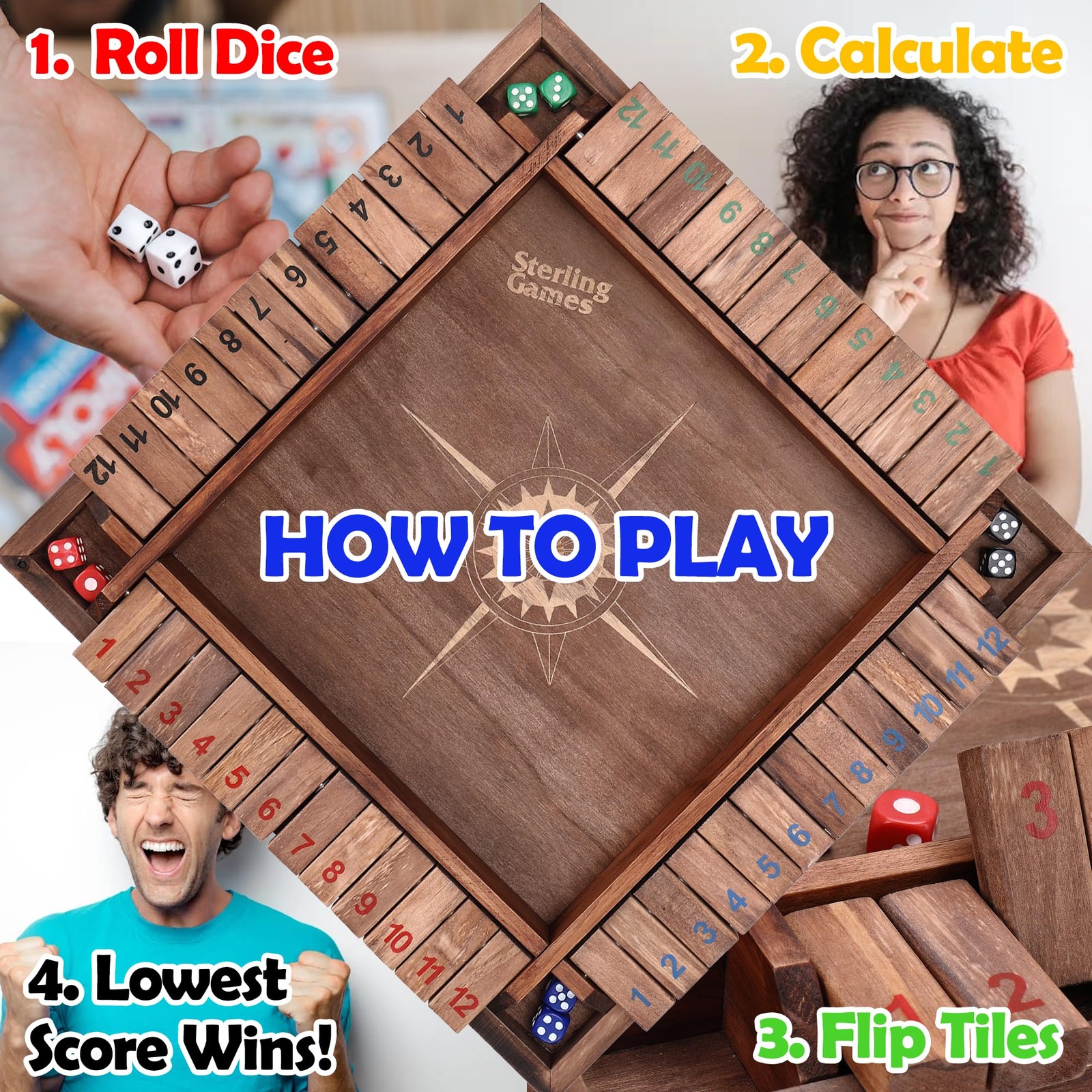 Sterling Games 12 Inches Shut The Box Game for 4 Players, Family Dice Game wi…