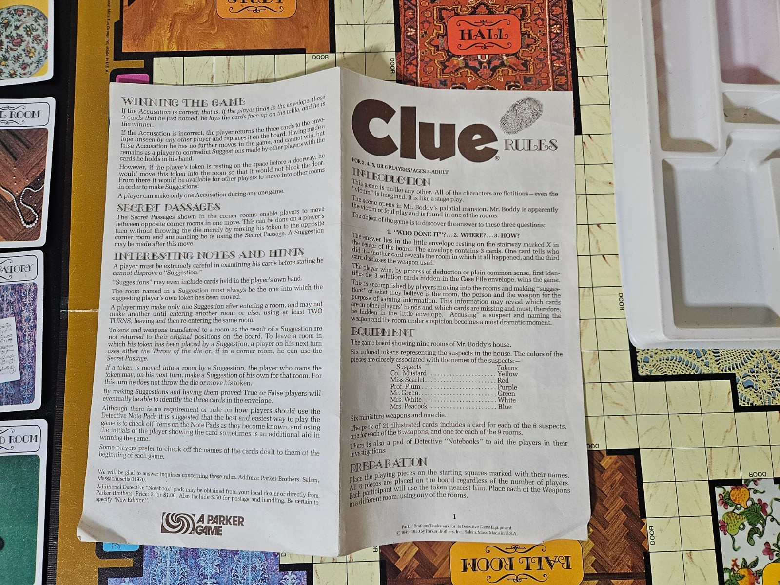 Vintage 1972 Clue Detective Board Game Complete Parker Brothers No. 45