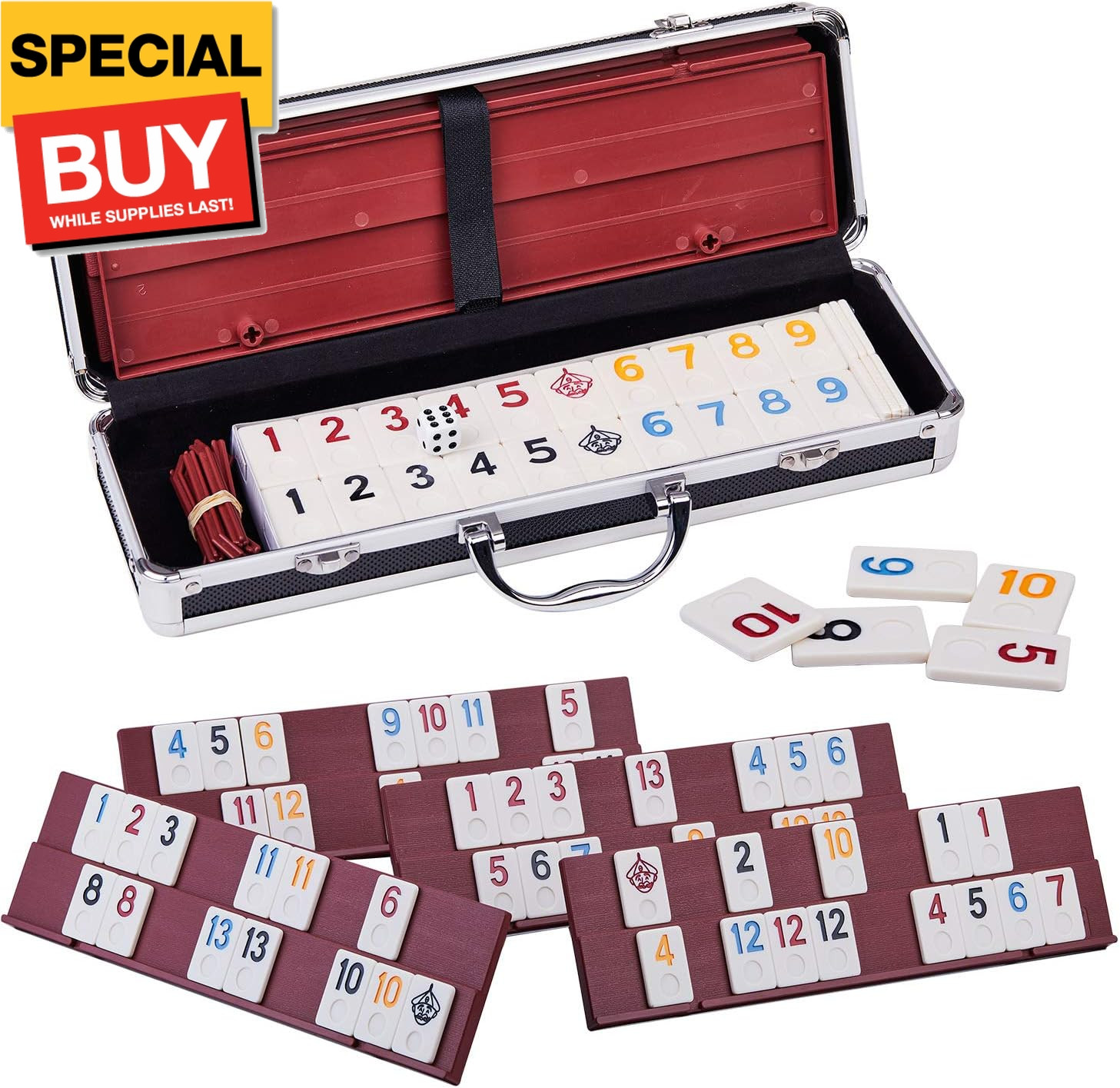 Rummy 106 Tiles Large Rummy with 4 Sturdy Racks& Instructions Rummy Tiles with A