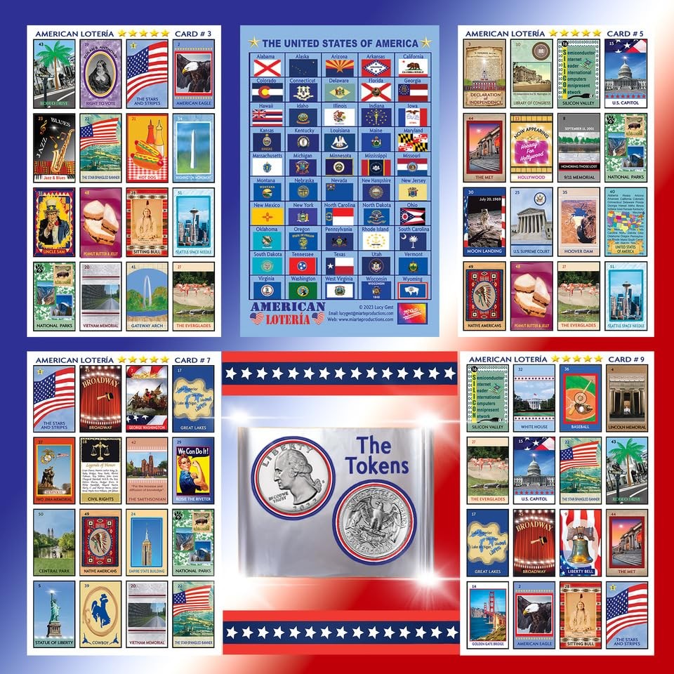 American Loteria Fun Bingo Game for All Patriotic Colorful Loteria Cards Toke…