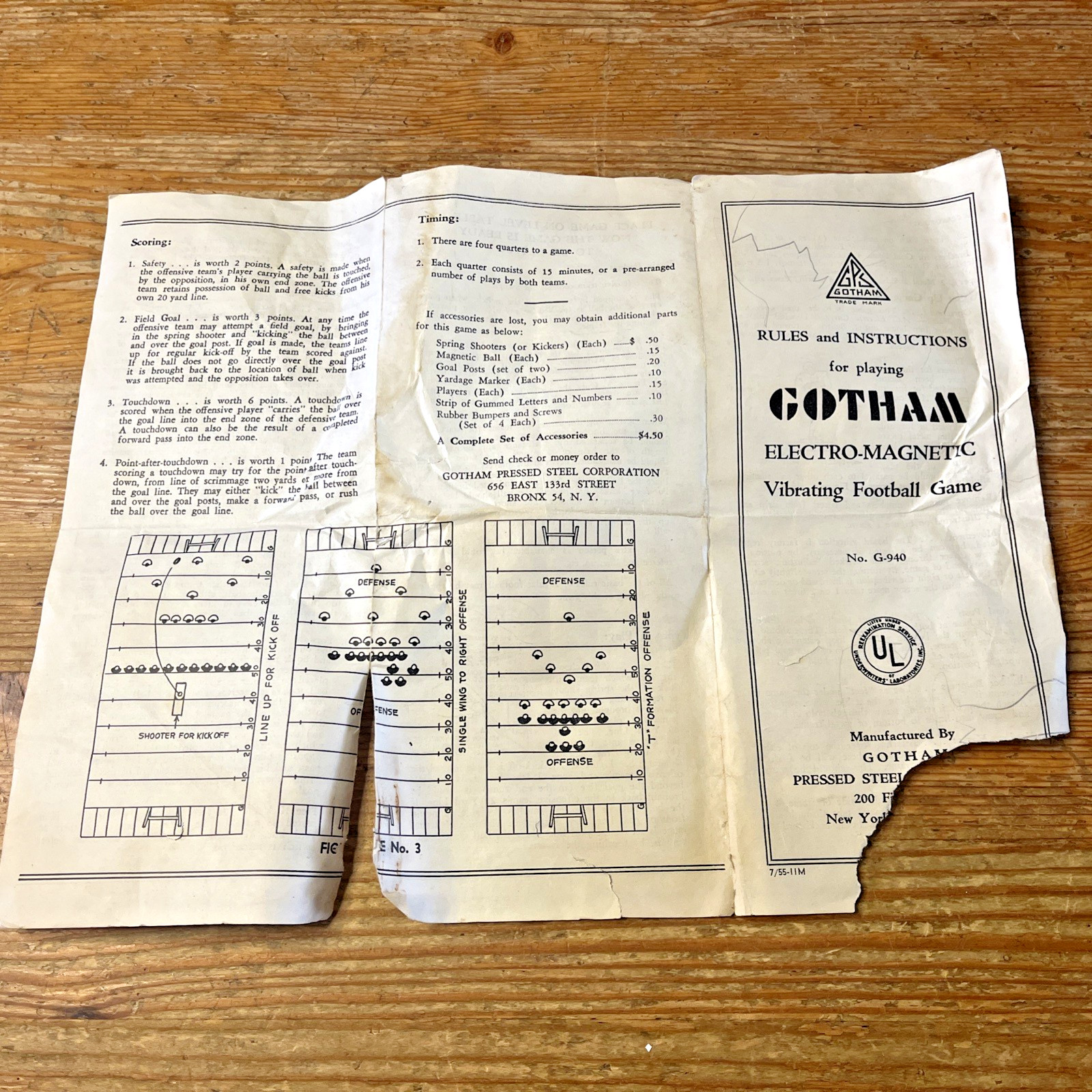 Vintage Gotham Electric Football Replacement Instruction Manual Booklet