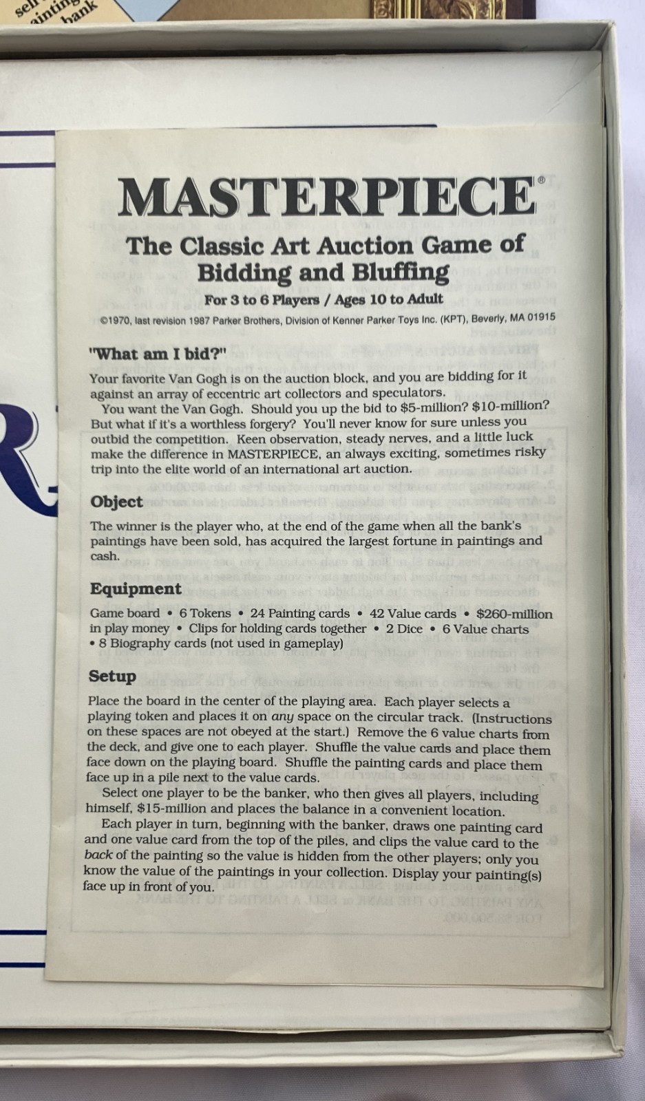 1987 Masterpiece Game Art Auction Game by Parker Brothers Complete Great Cond