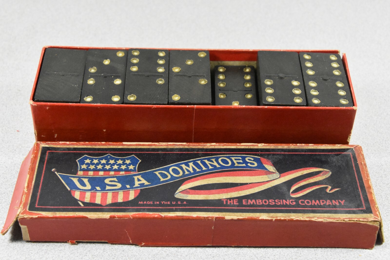 Vintage Patriotic USA Flag Embossed Dominos Game in Original Box – Incomplete 20