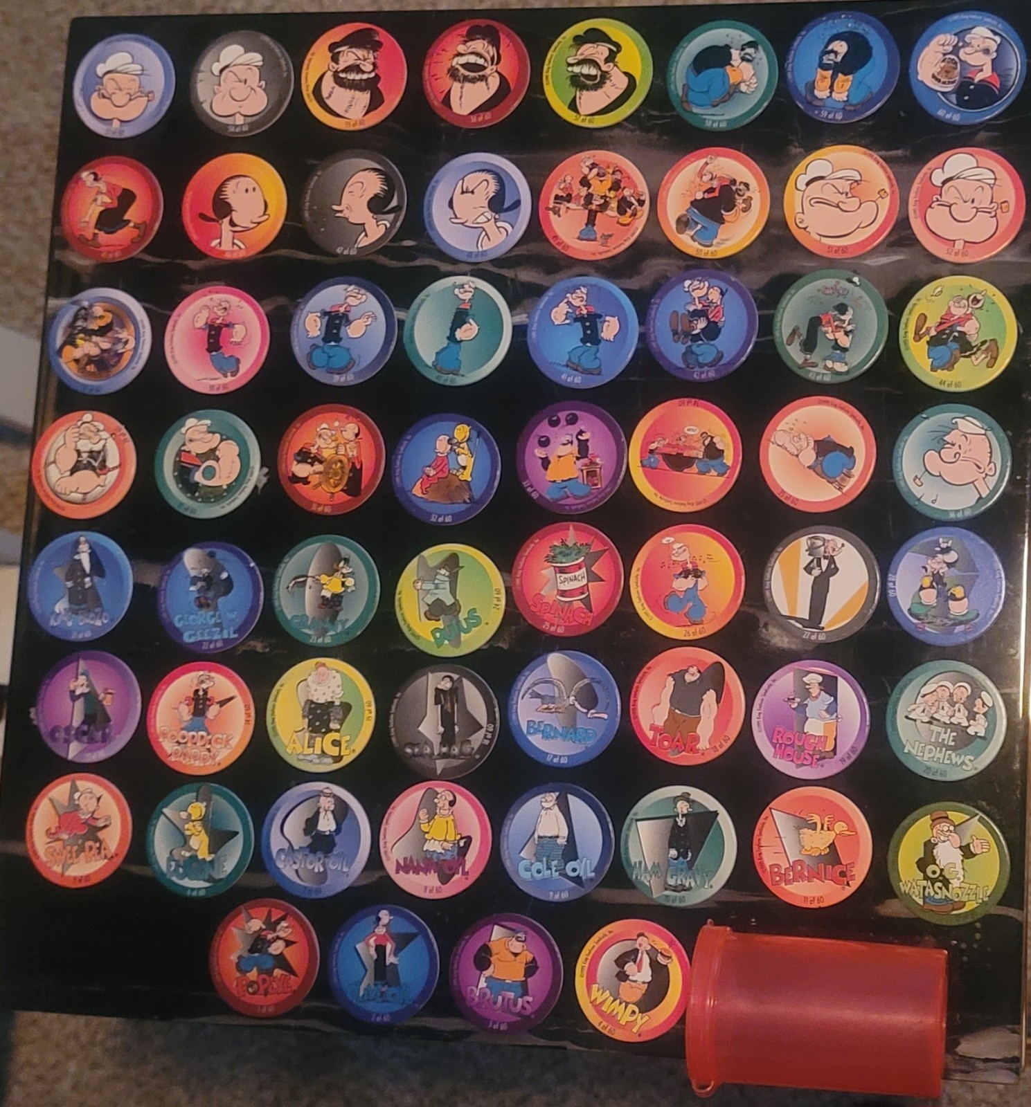 1995 Popeye POGs Complete Set (1–60) + Hot Pink Tube Vintage 90s Milk Cap Game