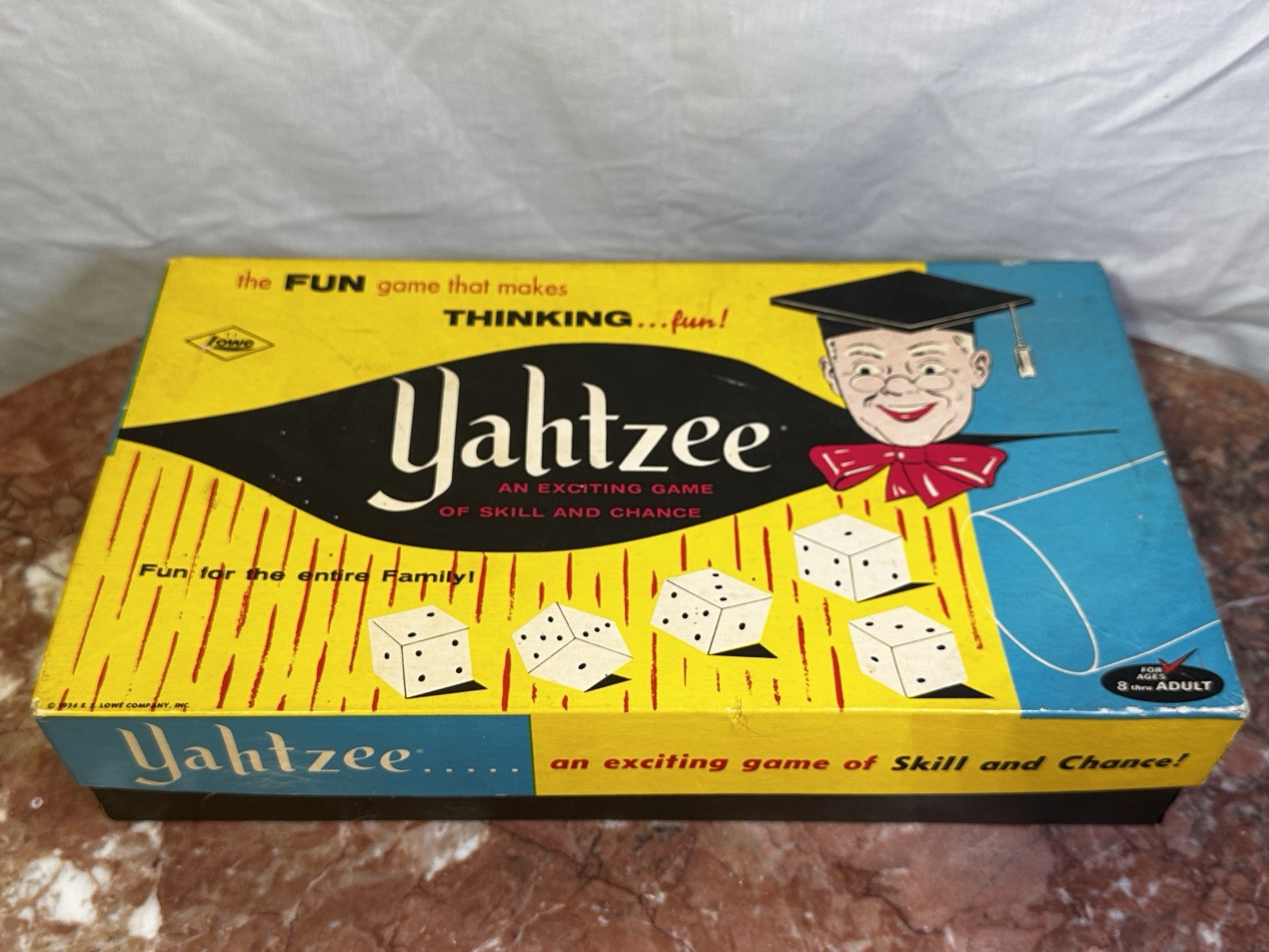 Vintage Yahtzee Game E.S. Lowe Co. 1956 1972 Complete Dice Cup Chips Score Cards