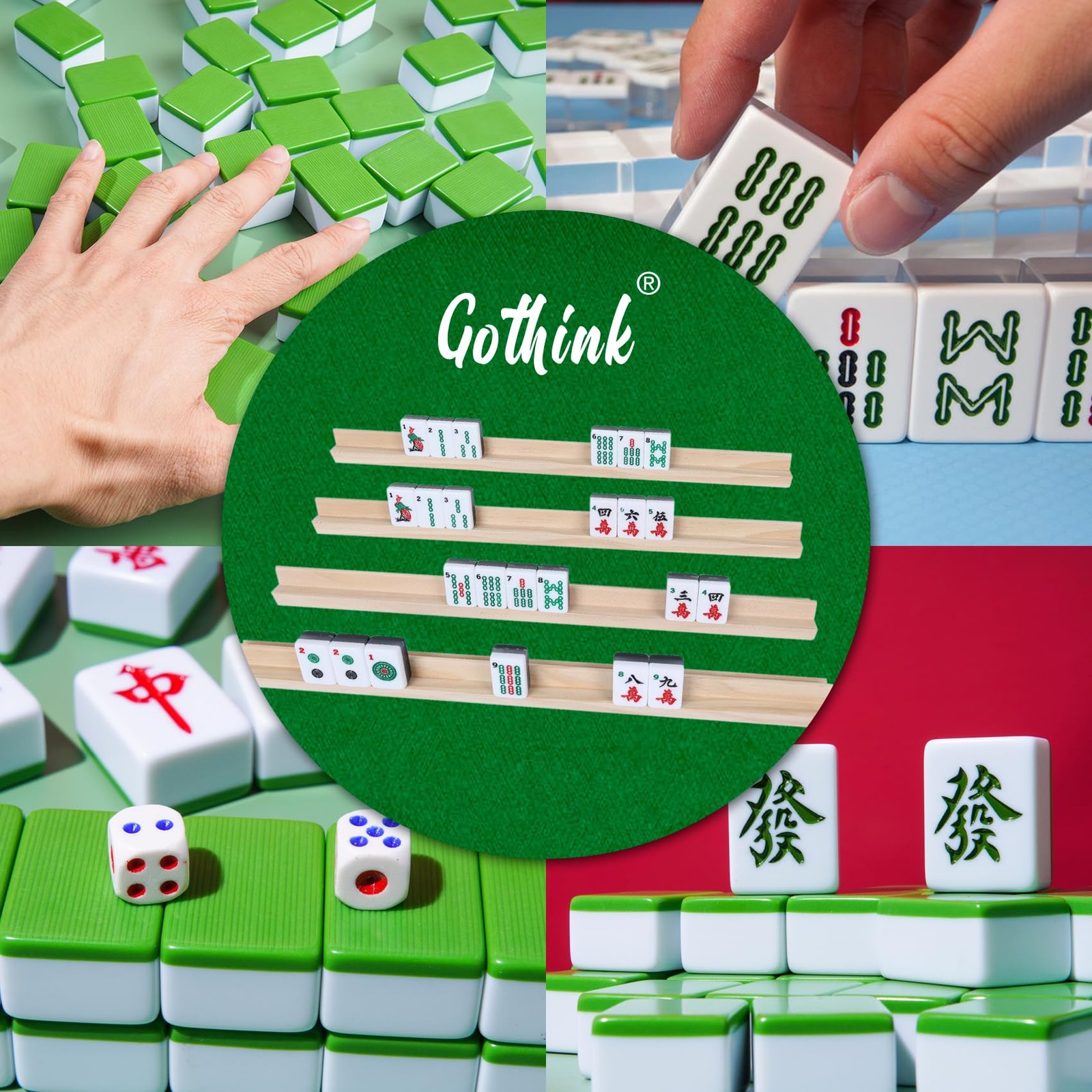 GOTHINK Wooden Mahjong Tiles 15x3x1.4 Inches, Trays