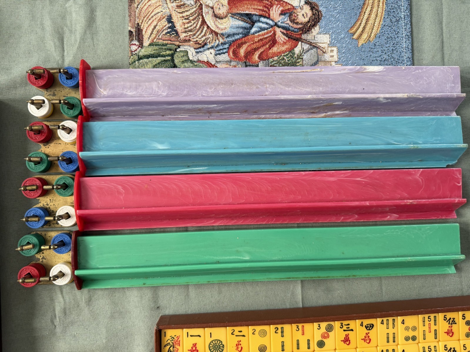 Vintage Mahjong Set Butterscotch Bakelite Tiles & 4 Multicolor Racks