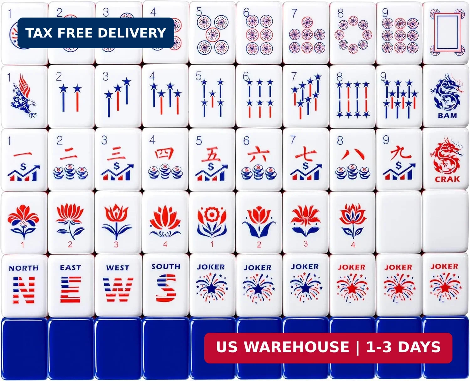 American Mahjong Set, 160 Pcs 4-Layer Colorful Acrylic USA Patriotic Tiles, Comp