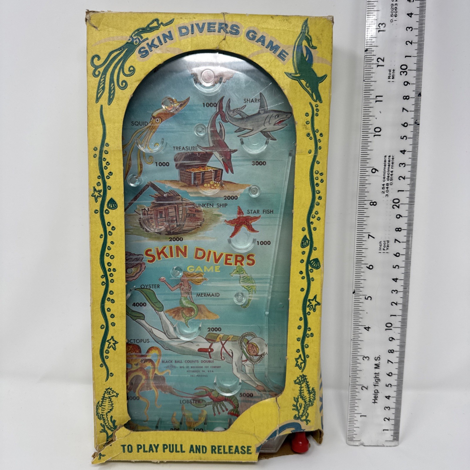 Table Pin-Ball Game Tin Wolverine-Skin Divers w/Mermaid/CreaturesWITH BOX RARE⭐️
