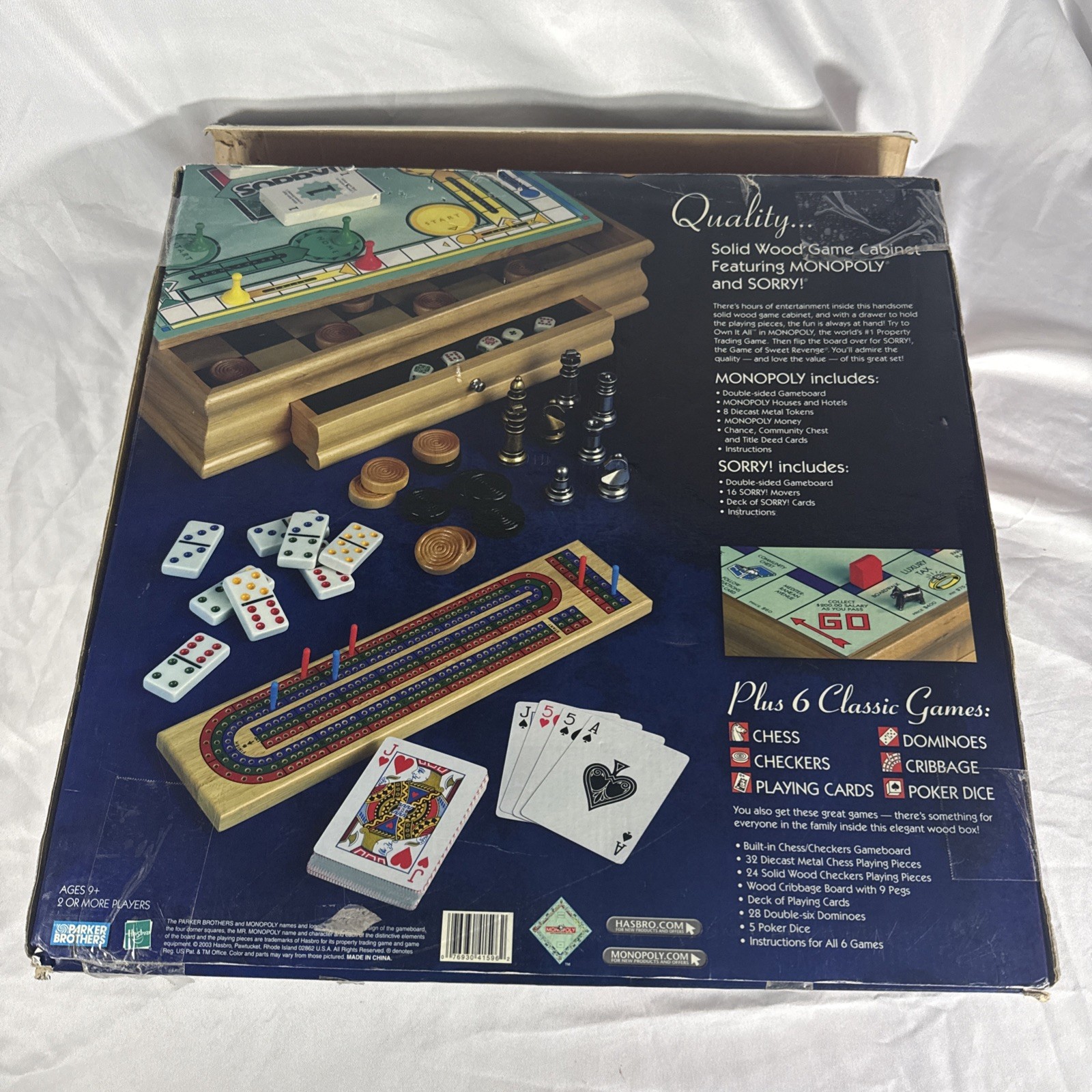 MONOPOLY SORRY Plus 6 Classic Games Tabletop Solid Wood Cabinet – Incomplete