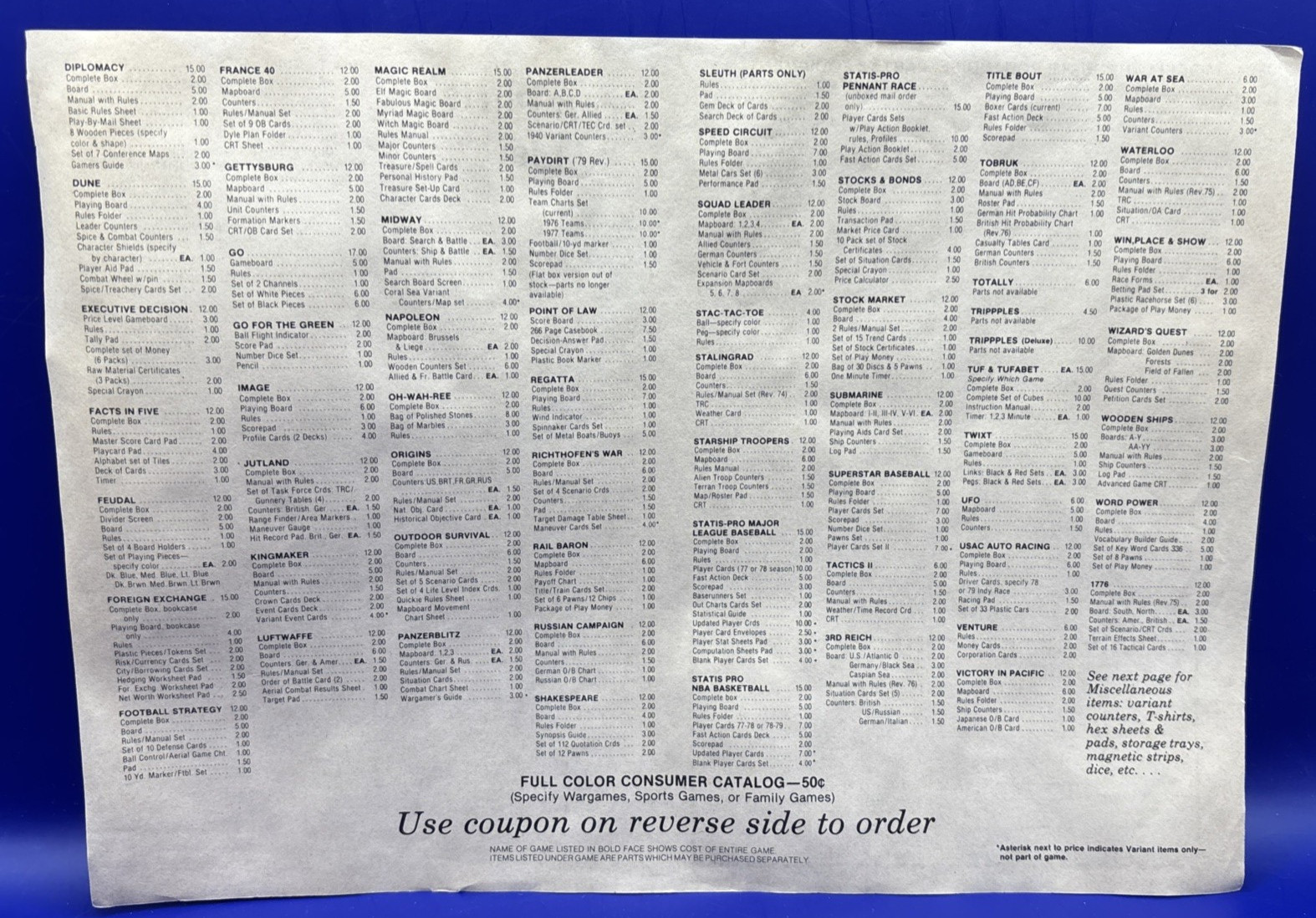 The Avalon Hill Game Company Fall-Xmas 1979 Original Parts List Order Form